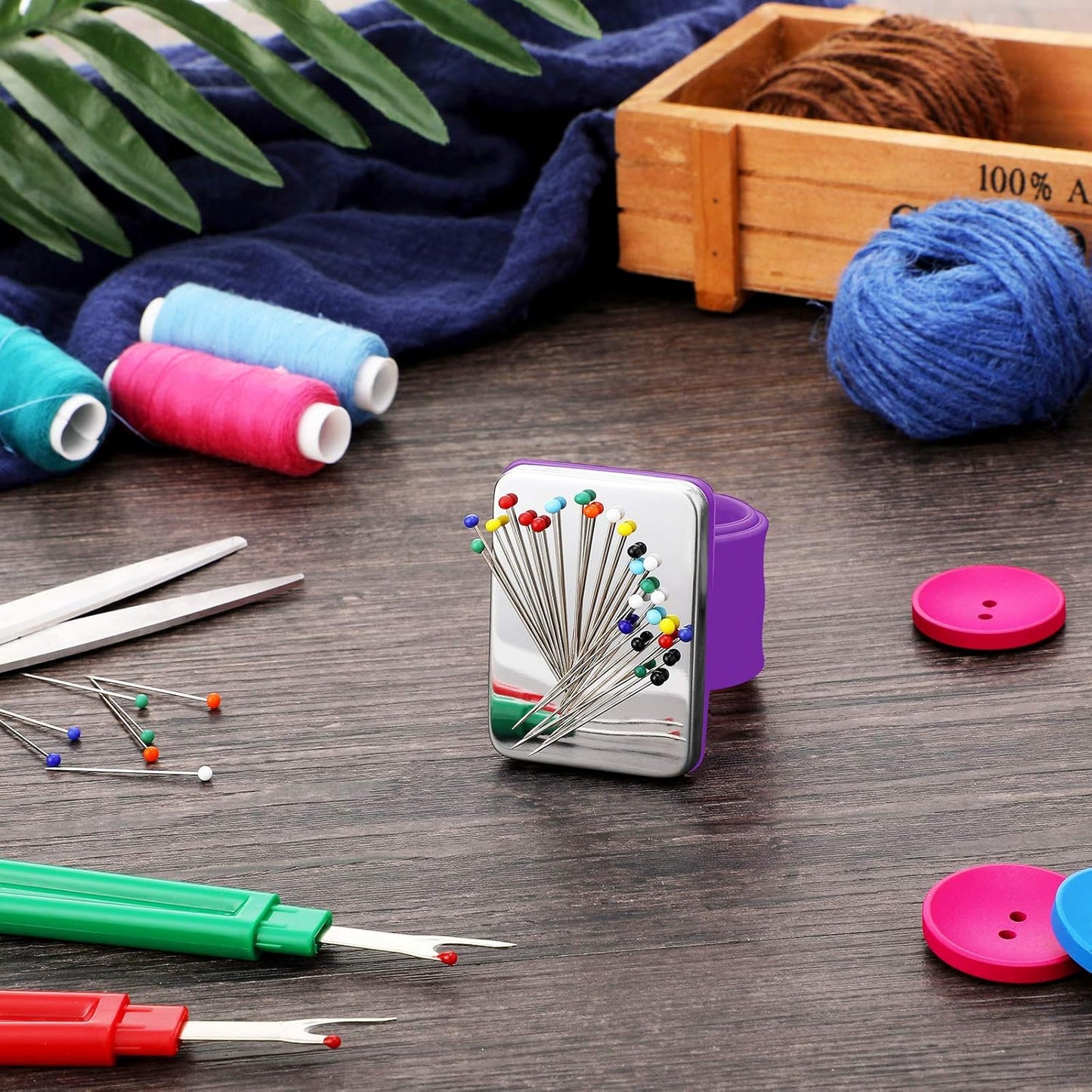 Magnetic Wrist Sewing Pincushion Wrist Magnetic Pin Holder Wristband Pin Cushion Holder with 3 Pieces Stainless Steel Pintail Comb Rat Tail Comb for Hair Clips Sewing, Daily Hand Sewing (Purple)