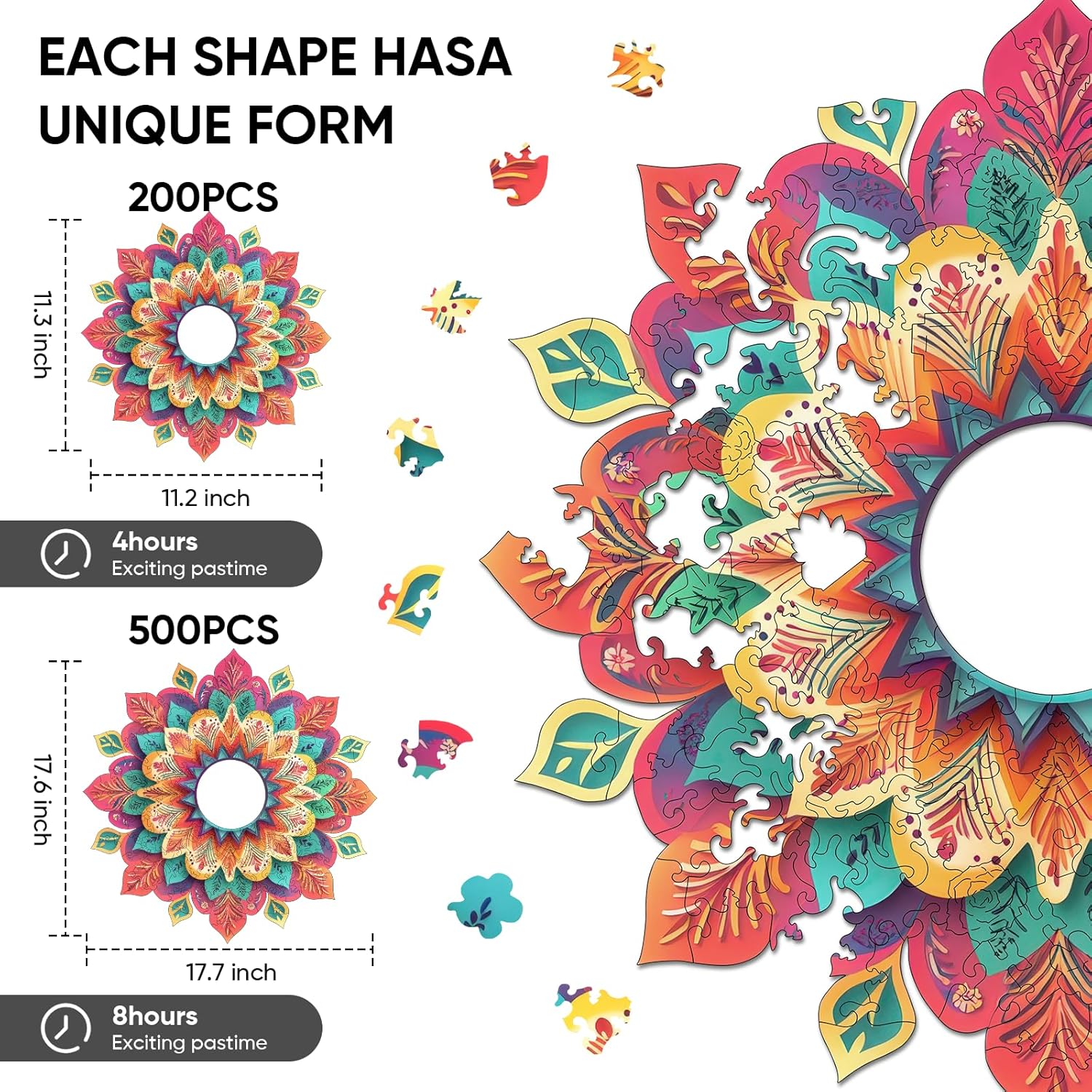 Wooden Puzzles for Adults, Hollow Mandala Wooden Jigsaw Puzzles 200 Pieces, Unique Design Adult Puzzles, Family Brain Game Gift, 11.2x11.3 inch