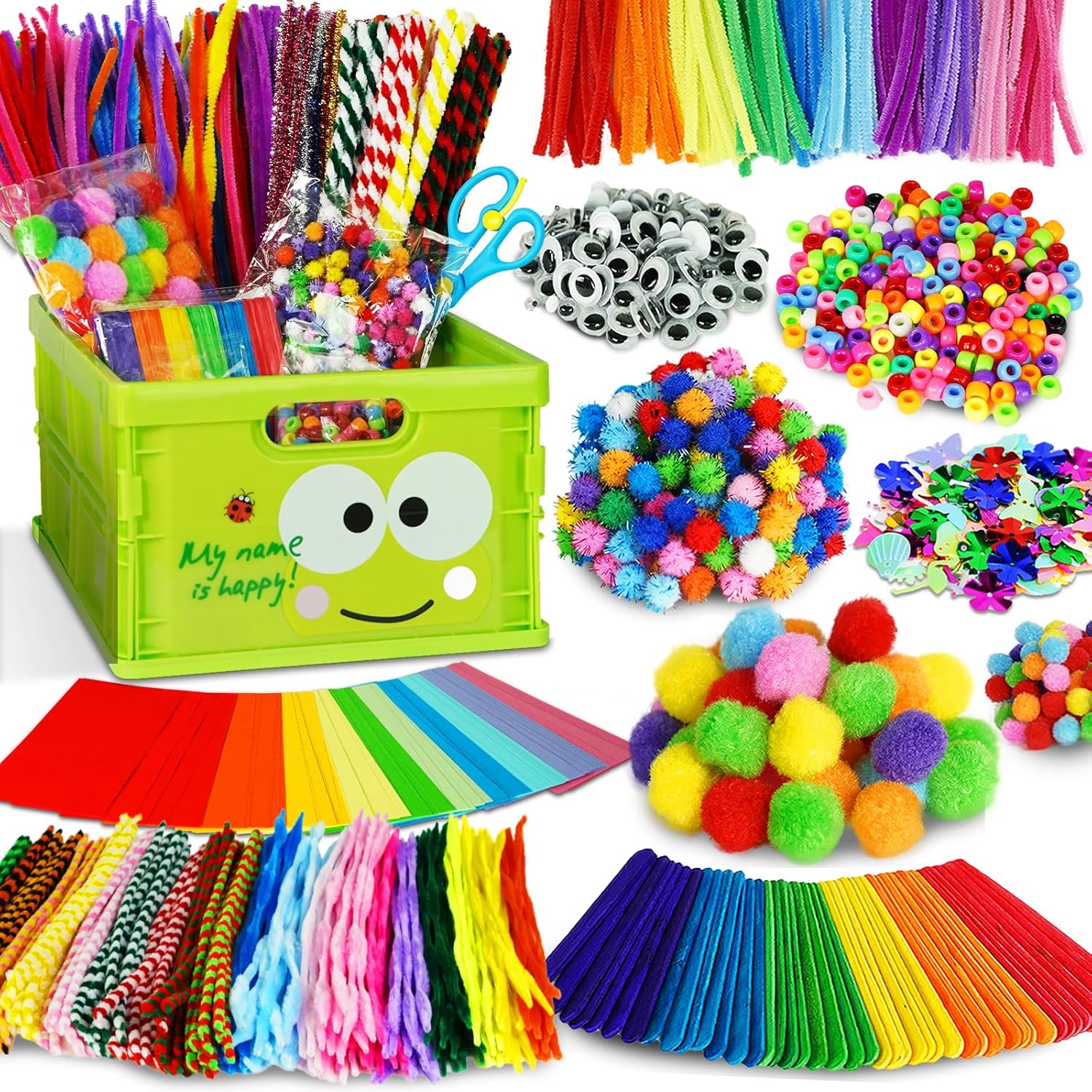 FUNZBO Arts and Crafts Supplies for Kids - Craft Kits with Pipe Cleaners, Popsicle Stickers, Construction Paper, Pom Poms & Googly Eyes, Birthday Gifts for Girls & Boys Age 4+