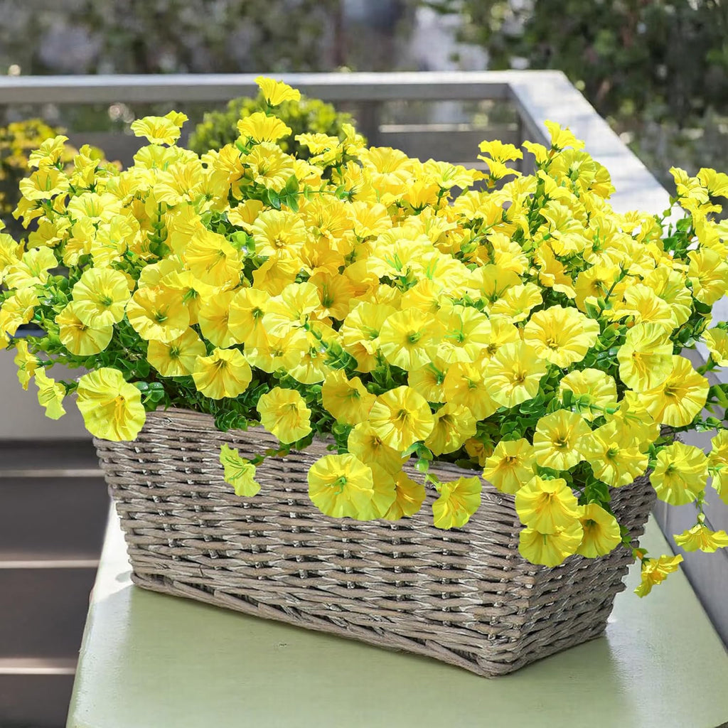 Fake Mums Fall Artificial Flowers Plants for Outdoors Autumn Decoration, 12 Bundles Yellow Silk Morning Glory with Eucalyptus Realistic UV Resistant Faux Flowers for Outside Planter Yard Garden Porch