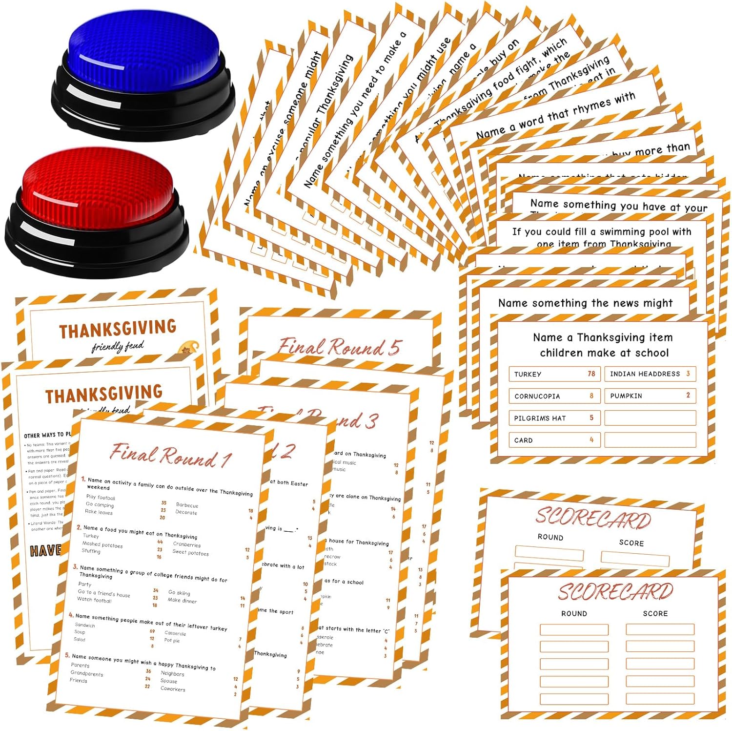 Thanksgiving Day Friendly Feud Game with 2 Answer Buzzers, Fall Holiday Feud Cards for Family Game Night Fun Trivia Quiz for Autumn Pumpkin Party Office Class Groups Team Building