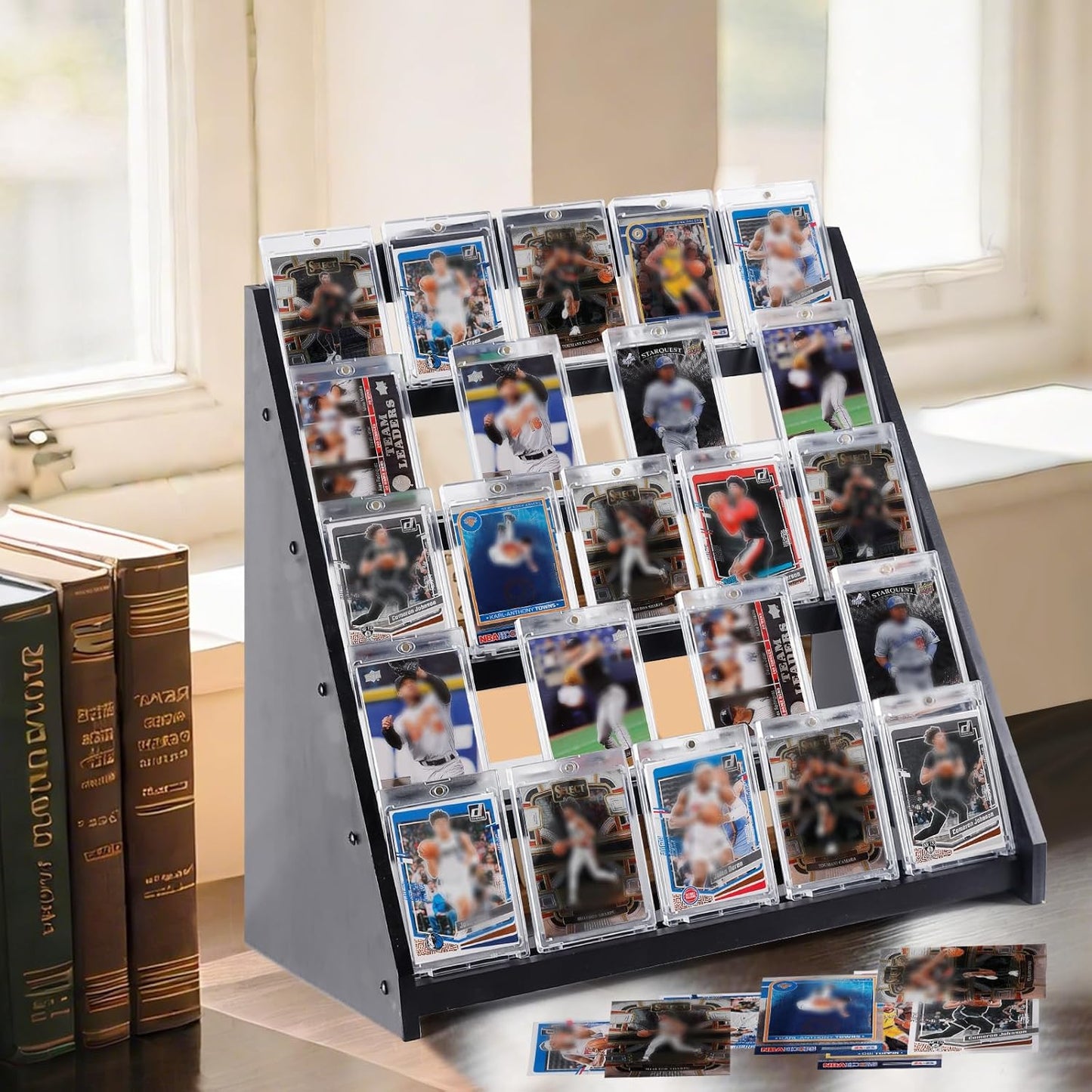 Trading Card Display Stand,5-Tier Bamboo Baseball Card Display Case, 35 pt Sports Card Display for Card Game Collection (Black)