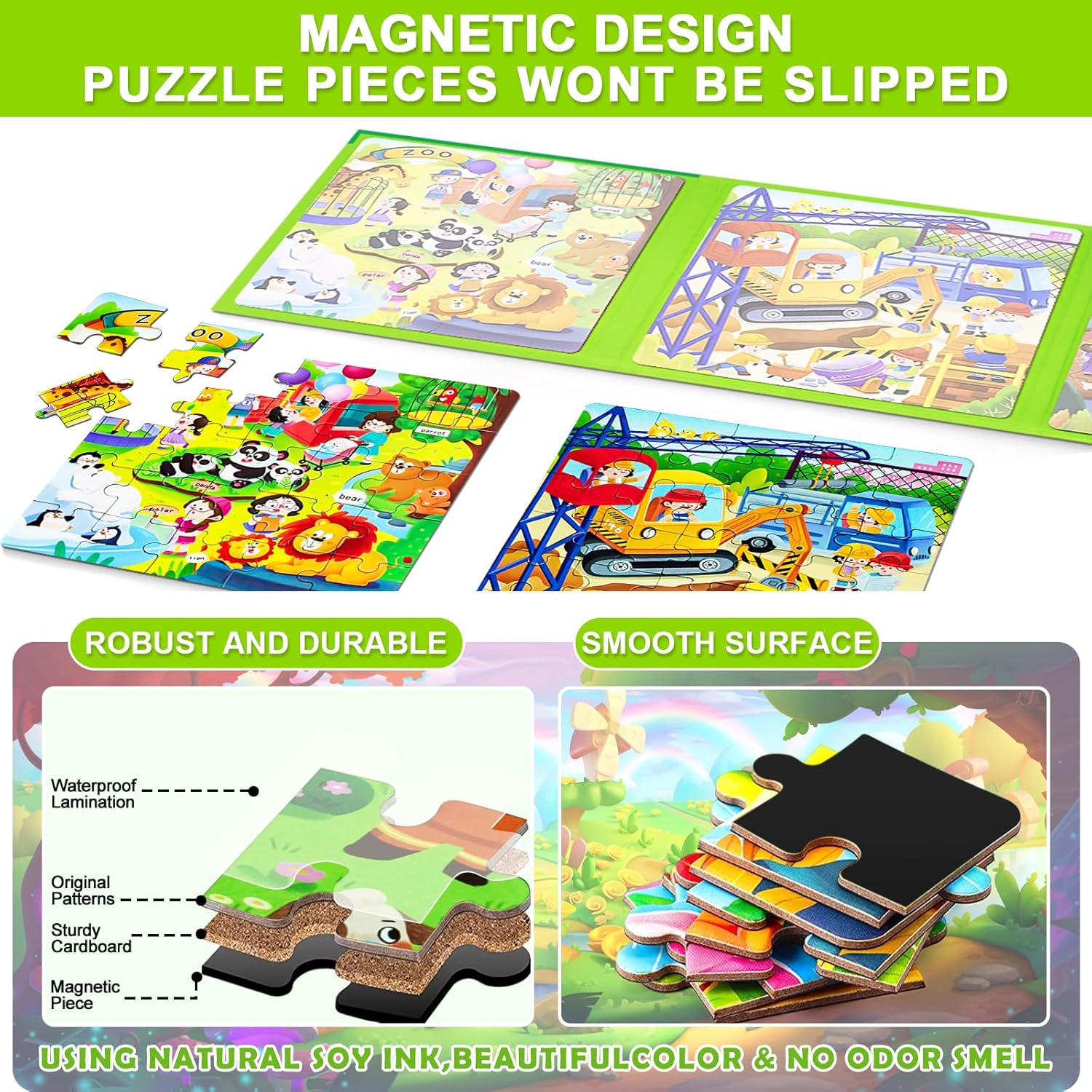 Magnetic Puzzles for Kids Ages 4-8, 3 in 1 Cartoon Jigsaw Puzzle Book, Toddlers Travel Puzzles Toys, Preschool Learning Toy for Children 3-8 Year (Green Zoo)