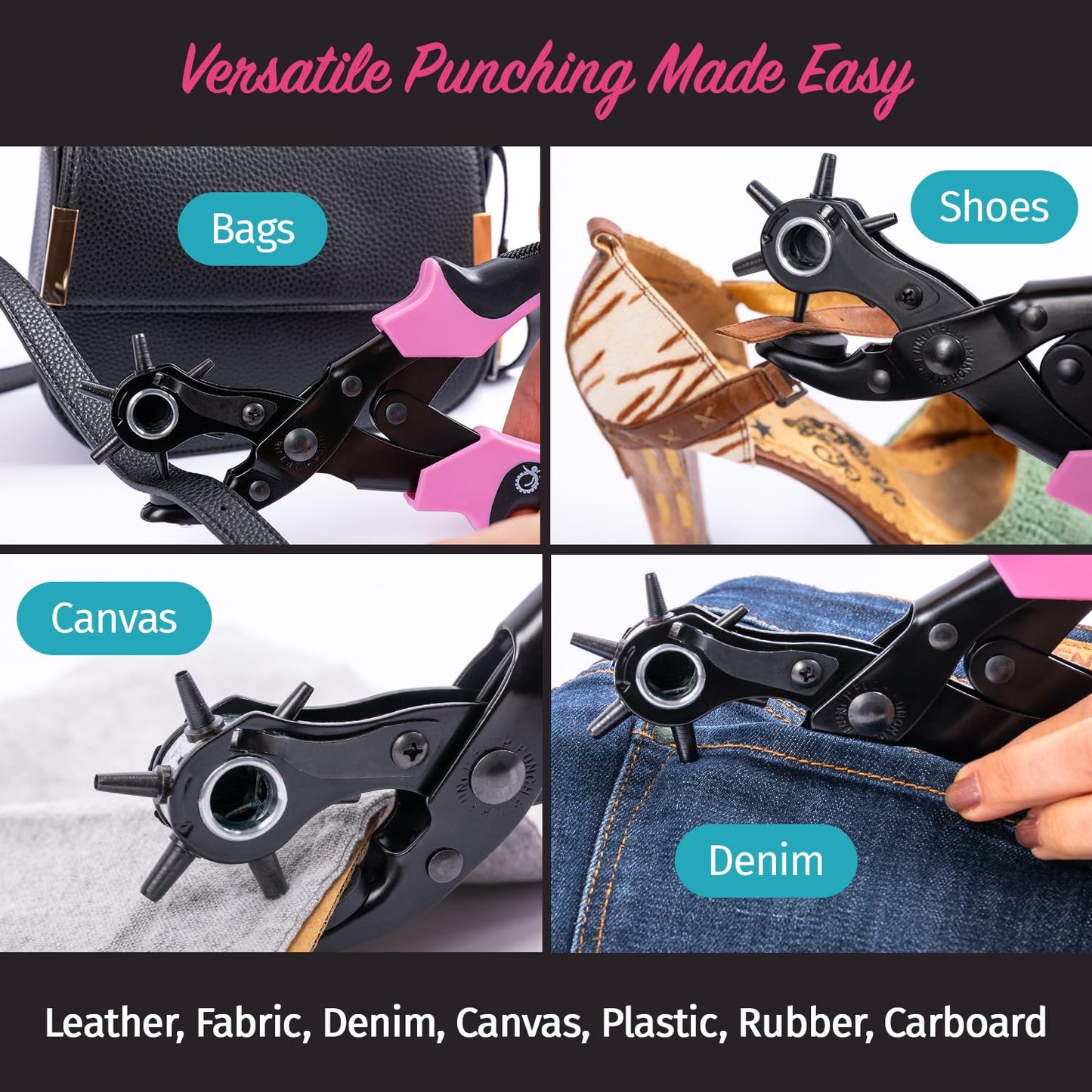 Precision Leather Hole Punch Tool, Best for Belts, Fabric, Leather (Up to 5mm Thick), Multi-Size Puncher for DIY, Craft & Home Projects, Comfortable for Smaller Hands with Reduced Handle Spread, Pink