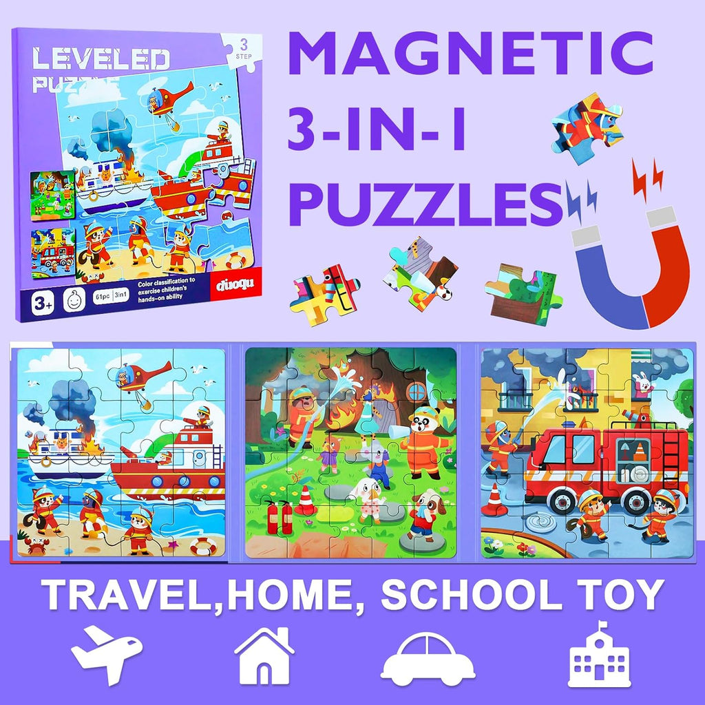 Fire Brigade Magnetic Puzzles for Toddlers, 3 in 1 Jigsaw Puzzle Book, Travel Puzzles for Preschool Learning Ages 3-8