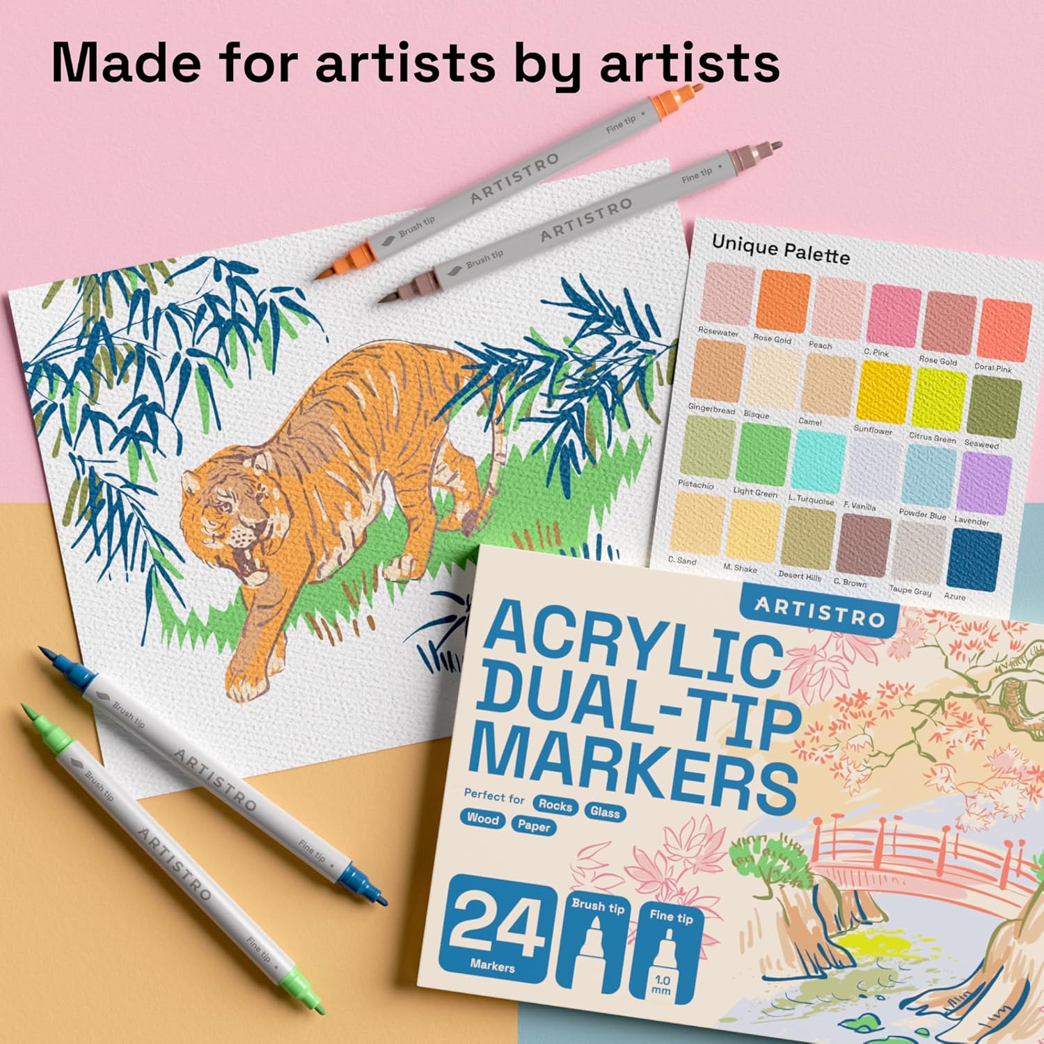 ARTISTRO 24 Pastel Dual Tip Brush + Fine Acrylic Paint Markers - Easy for All Ages & Levels Paint Pens for Fabric, Rock, Glass, DIY - Halloween Pumpkin Painting Kit, Art Supplies, Christmas Gift