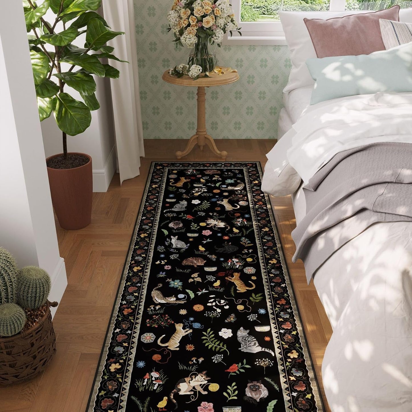 Rugcomf Runner Rug for Kitchen Non Slip 2'6''x8' Washable Rugs with Rubber Backing Soft Floral Animal Cat Carpet Runner for Kitchen Laundry Bedroom Bathroom, Black