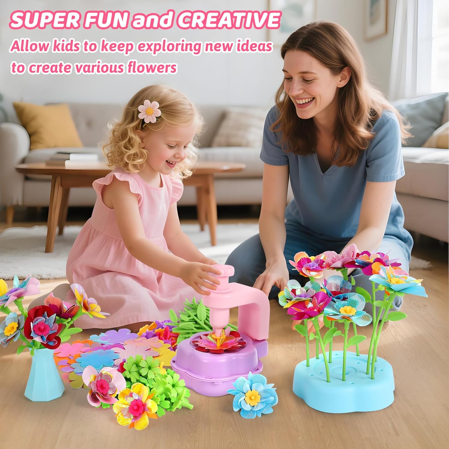Flower Craft Kits for Girls - Arts and Crafts Toys for Kids Ages 4-8, Birthday Gifts for 4 5 6 7 8 9 Year Old Girls, Mess-Free Art Craft Activity Toys, DIY Flower Making Kit for Kids Preschool