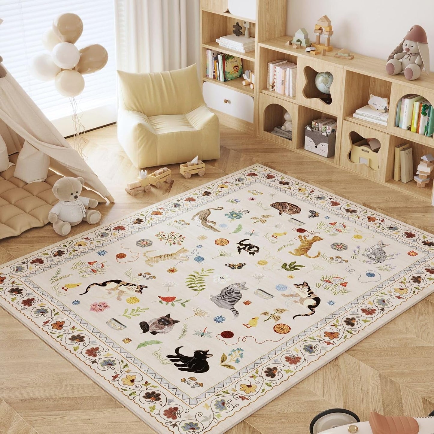Rugcomf Area Rugs 9x12 Living Room Clearance Washable Boho Rug Non Slip Floral Animal Cat Vintage Low Pile Large Rug for Living Room Bedroom Farmhouse Dining Room Kids Playroom, Beige