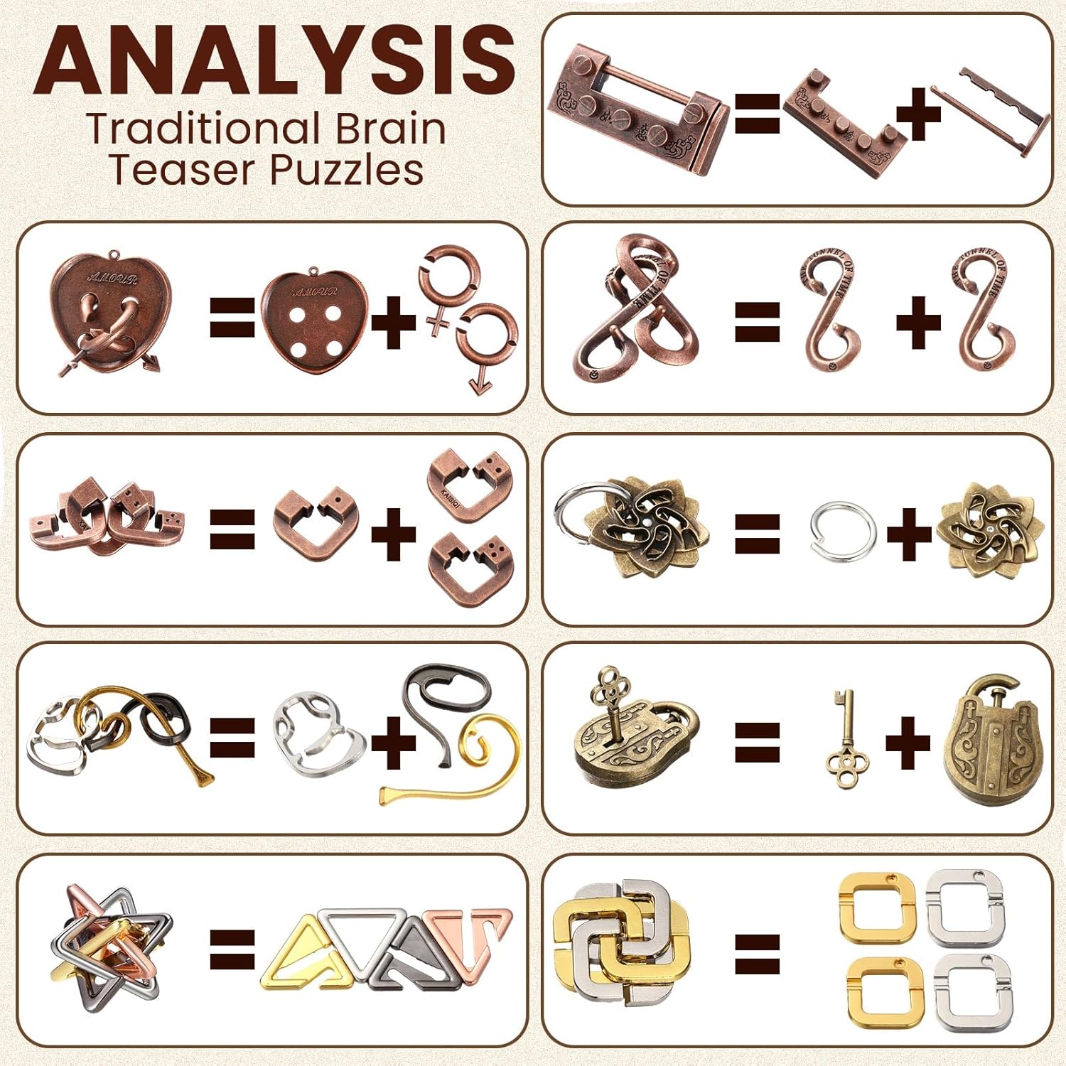 Wettarn 9 Pcs Metal Brain Teaser Puzzles Teaser 3D Steel Puzzle for Adults Unlock Interlocking Games IQ Education Smart Logic Test Toys for Adults Mind Challenge(Fun Style)