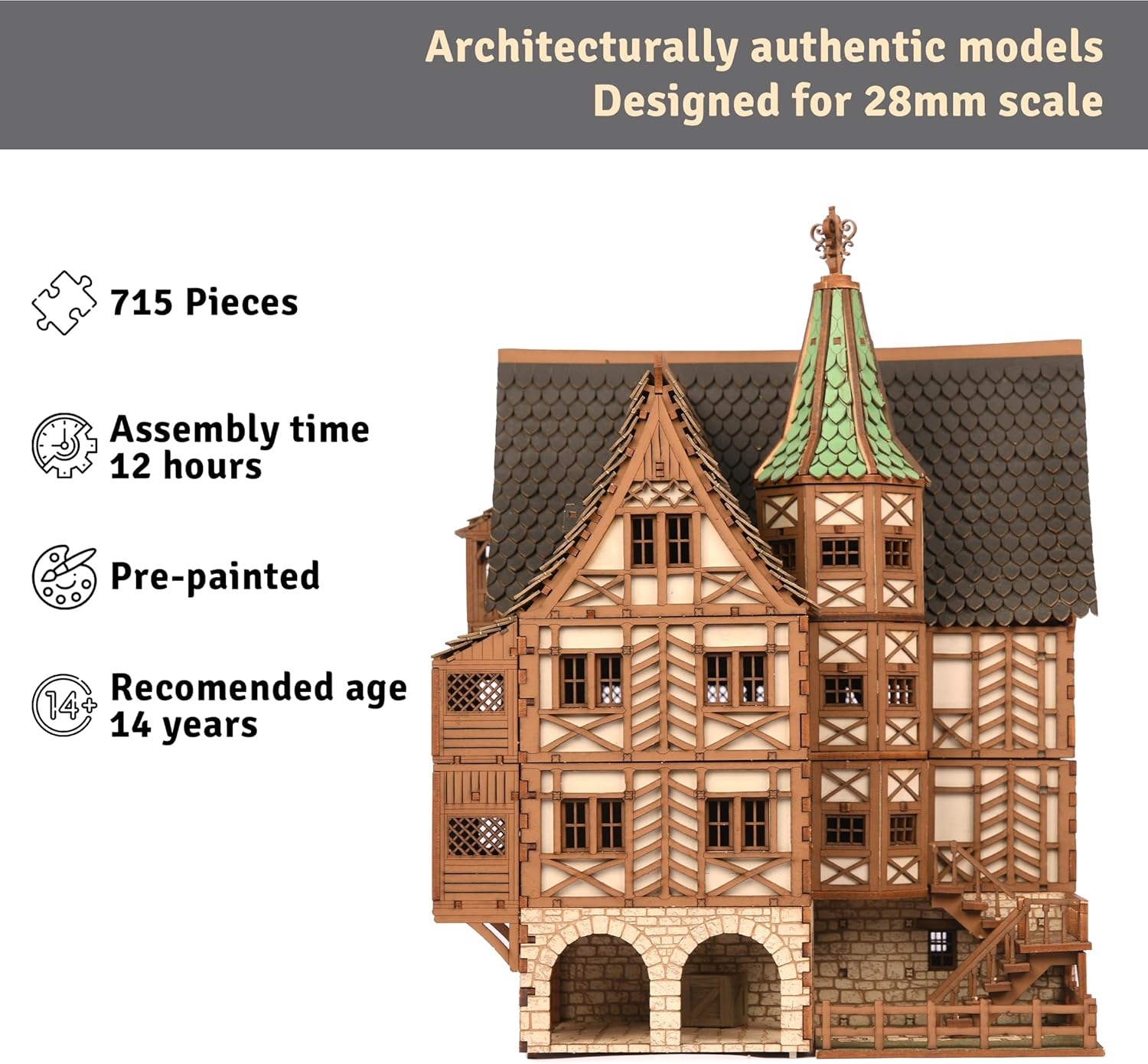 The Tavern - Medieval House (Crooked Elbow) DIY Wooden House Building Kit -715PCS; 12hrs Assembly time; Age Group 18+ - Realistic