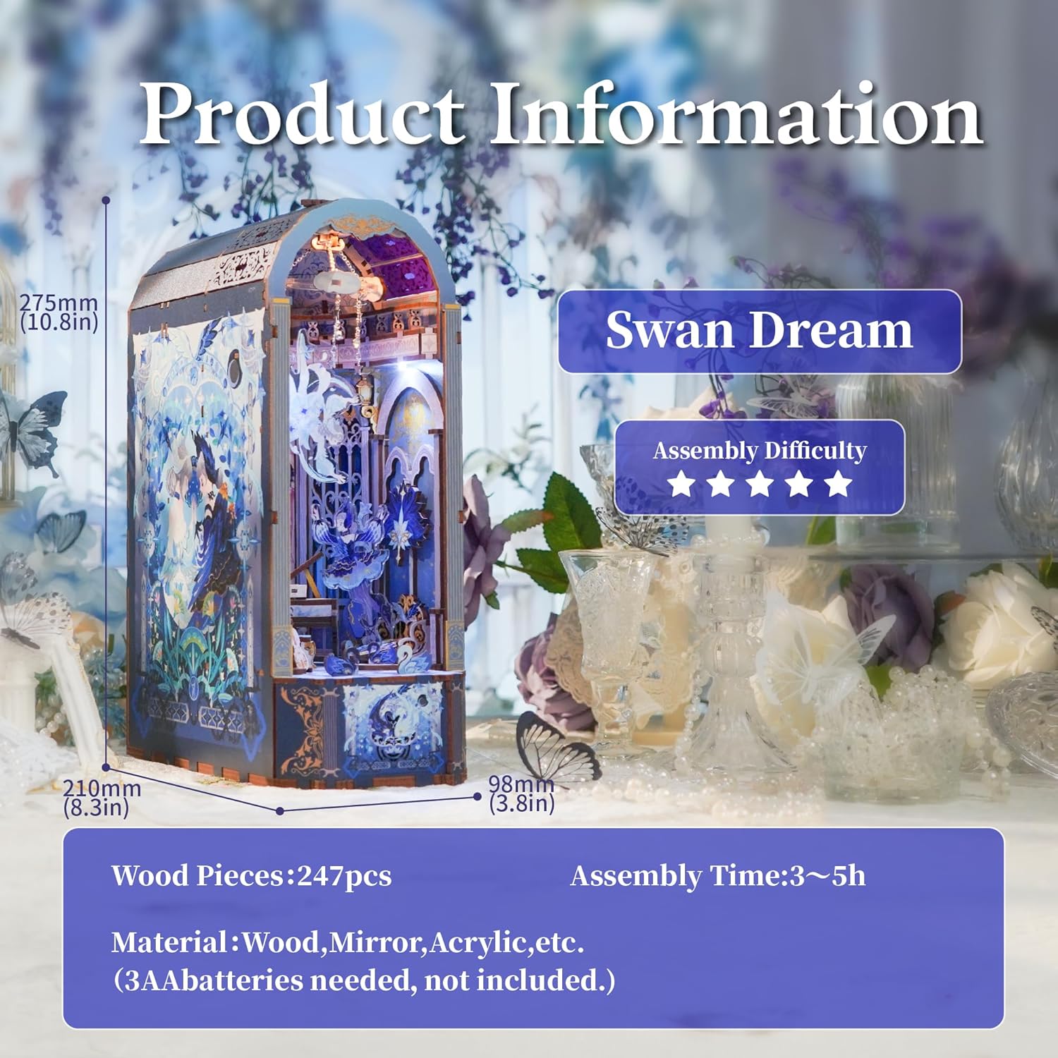 Tonecheer DIY Book Nook Kit for Adults, 3D Wooden Puzzle Music Box Bookend, Rotation Miniature House Booknook Bookshelf Insert Decor with Dust Cover and LED Light (Swan Dream)