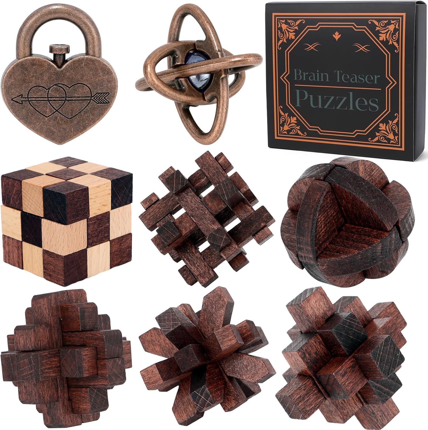 8 Pcs Brain Teaser Puzzles for Adults Teens - Metal Puzzles 3D Puzzle Game Toys for Adults Teens - Wooden Unlock Interlocking Puzzle Adult IQ Education Smart Toys