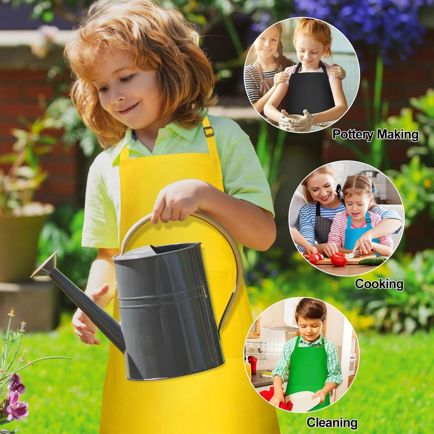 PLULON 8 Pcs Kids Apron Set Adjustable Children Art Aprons with 2 Pockets Artist Apron Bulk for Baking Painting Cooking Activity - 8 Colors