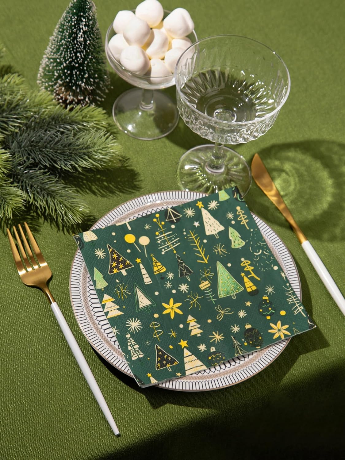 Premium Designer Paper Napkins, 3-Ply 6.5 x 6.5-inches Fold Disposable Decorative Winter Guest Christmas Holly Green Festive New Year Tree Party Lunch Dinner Napkin (20, Festive Green)