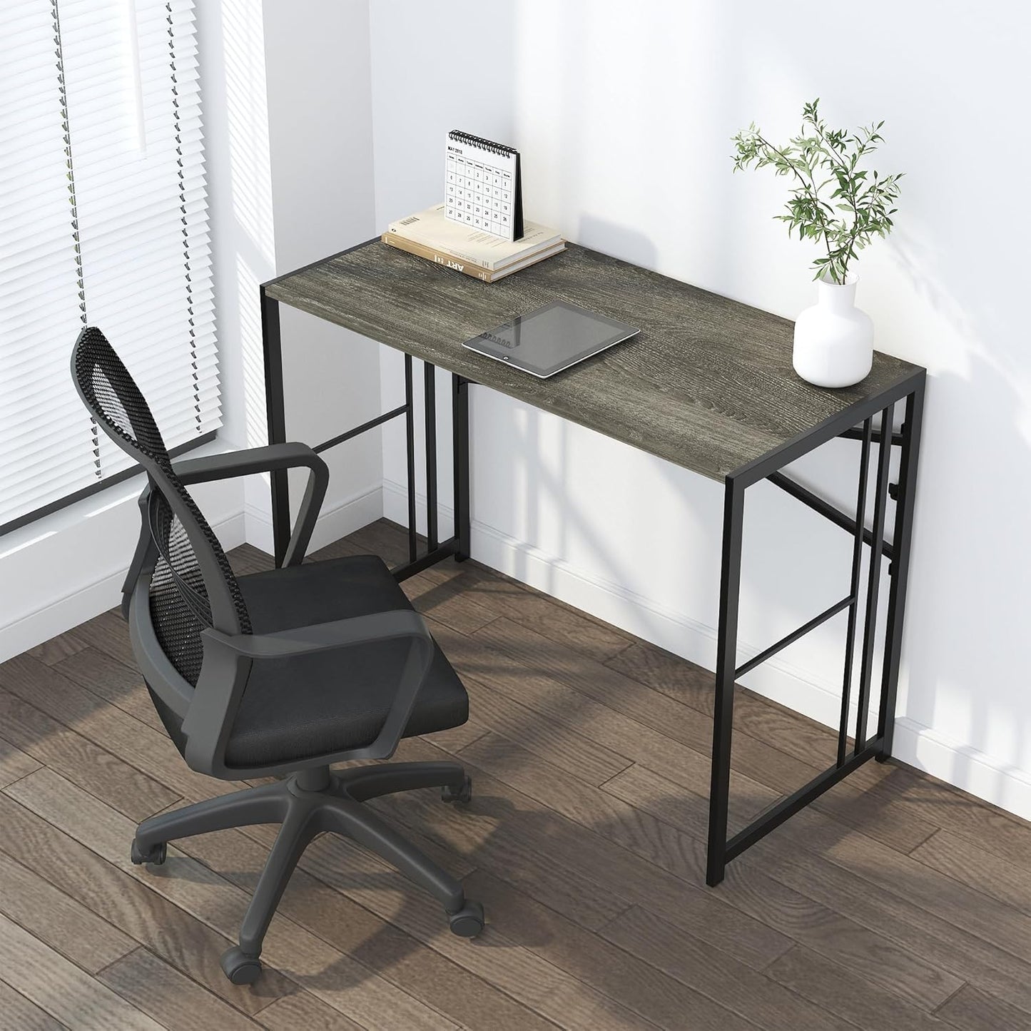 35 inch Narrow Folding Desk, Writing Gaming Computer Camping Desk for Small Spaces, No Assembly Required Home Office Table, Black Oak