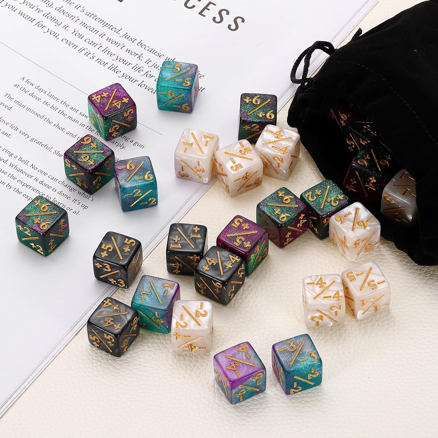 uxcell 24Pcs Magic Dice Counters, Acrylic D6 Life Token Dice Set with Pouch for Standard Cards Gaming Accessories, White Marble, Black Marble, Green & Purple, Blue & Purple