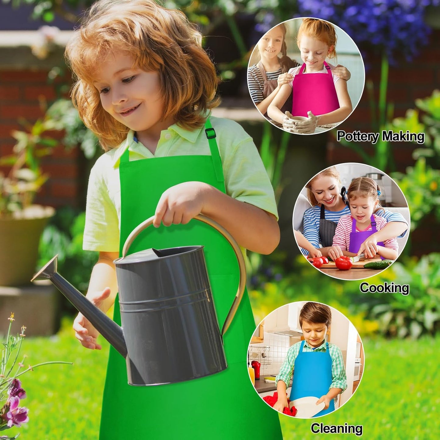 PLULON 6 Pcs Kids Apron Set Adjustable Children Art Apron with 2 Pockets Artist Apron Bulk for Baking Painting Cooking Activity - 6 Colors
