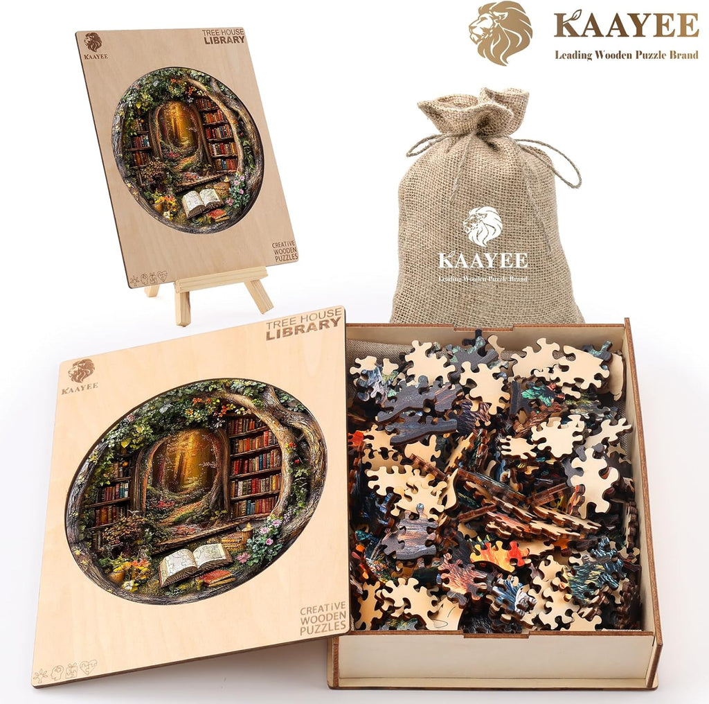 KAAYEE Wooden Puzzles for Adults, Tree House Library Wooden Jigsaw Puzzle Unique Shape Wood Puzzles Adult, 3D Effect Flat Puzzle Birthday Gifts Family Games (XL-17.3 * 17.3in-450pcs)
