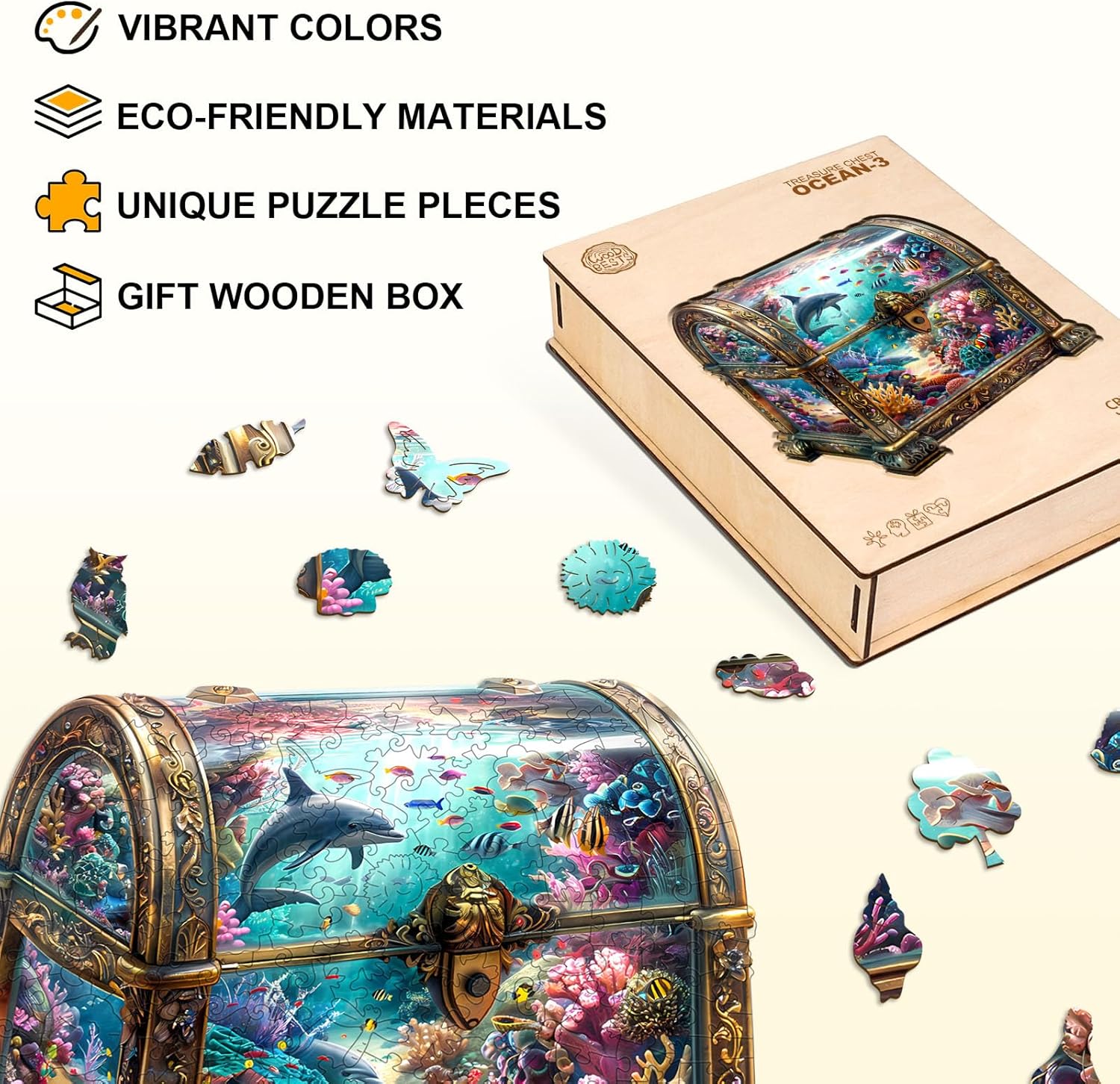 Wooden Puzzles for Adults, Treasure Chest Ocean Wooden Jigsaw Puzzle Unique Shape Animal Wood Puzzles Adult 3D Visual Effect, Birthday Gifts for Puzzle Lovers Family Games (L-13.4 * 12.9in-260pcs)