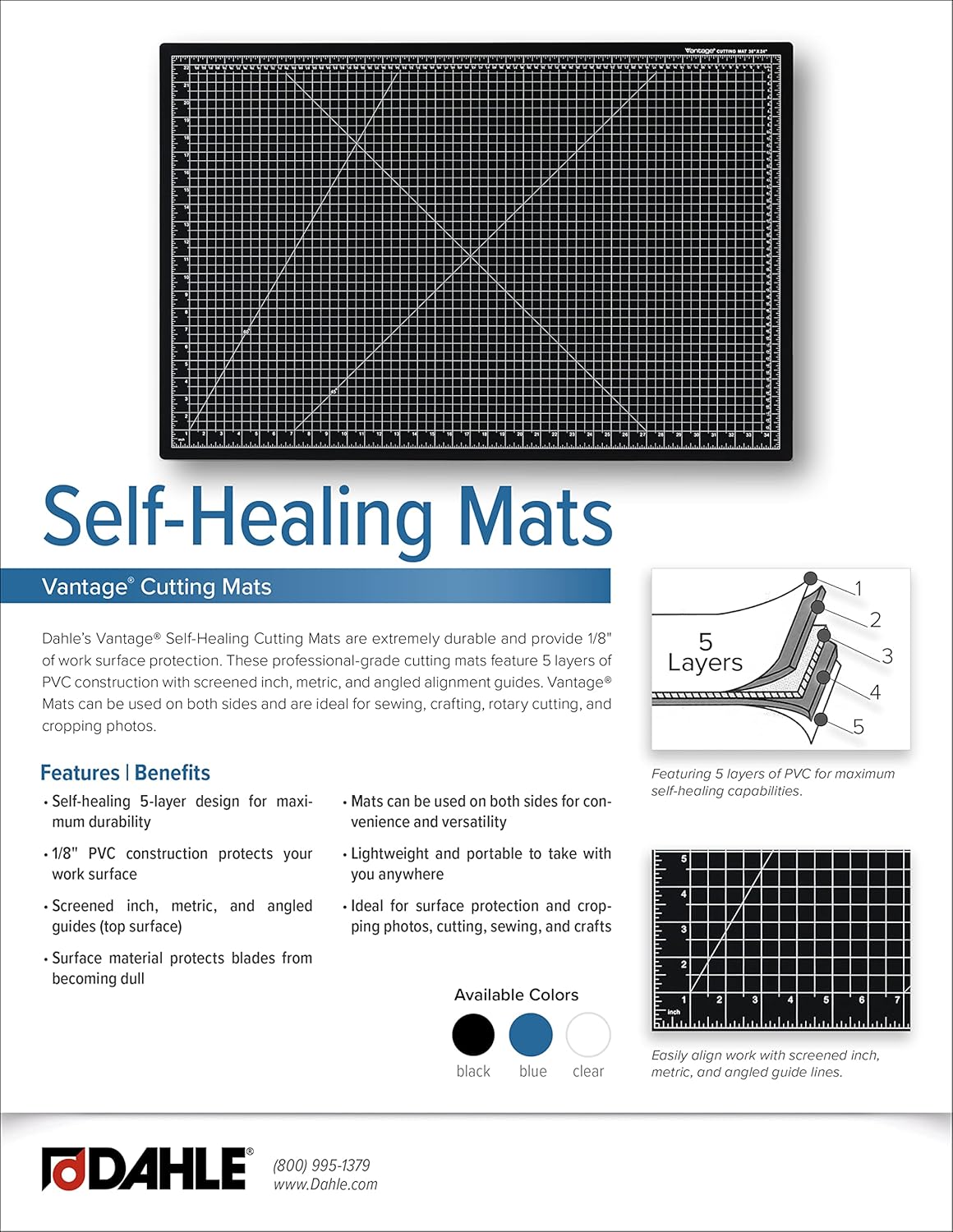 Dahle Vantage 10673 Premium Self-Healing Cutting Mat, 24"x36", 1/2" Grid, 5 Layers for Max Healing, Perfect for Crafts & Sewing, Black