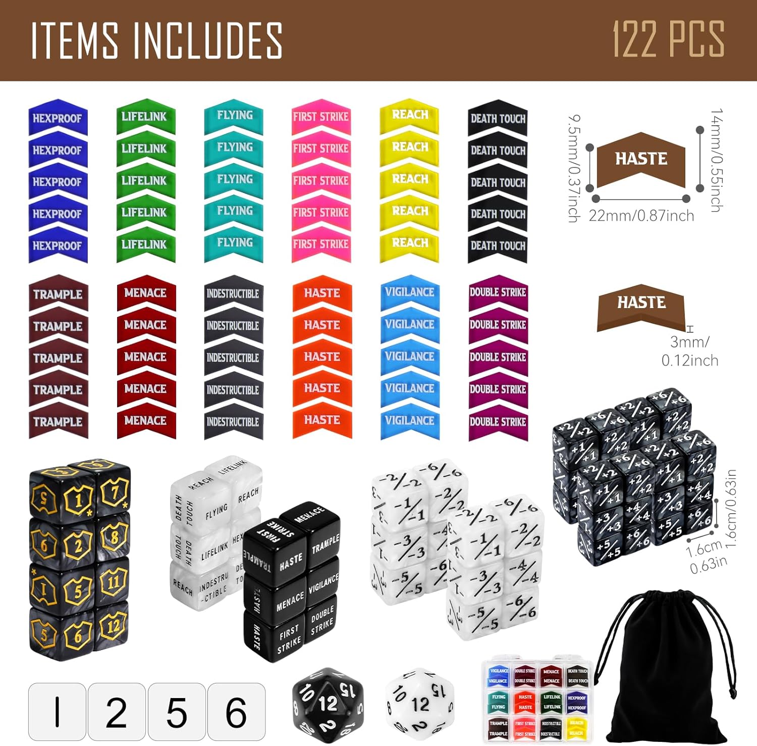 122PCS MTG Abilities Keyword Tokens Dice Counters Set for Magic The Gatering, MTG Buff Tokens Plus 1 Life Counters Dice, Compatible with CCG Creature Stats TCG Magic Card Gaming Accessories