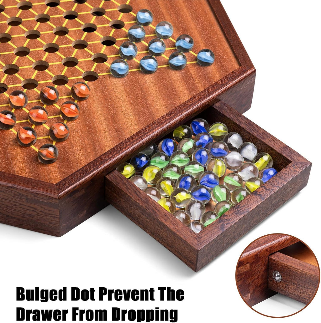 VAMSLOVE Large 17" Chinese Checkers Board Game for 2-6 Player Wooden Game Board, 16mm 60+12 Colorful Glass Marbles, Easy Grasping for Adults and Kids, w/Storage Drawer, Fun for Family Gathering