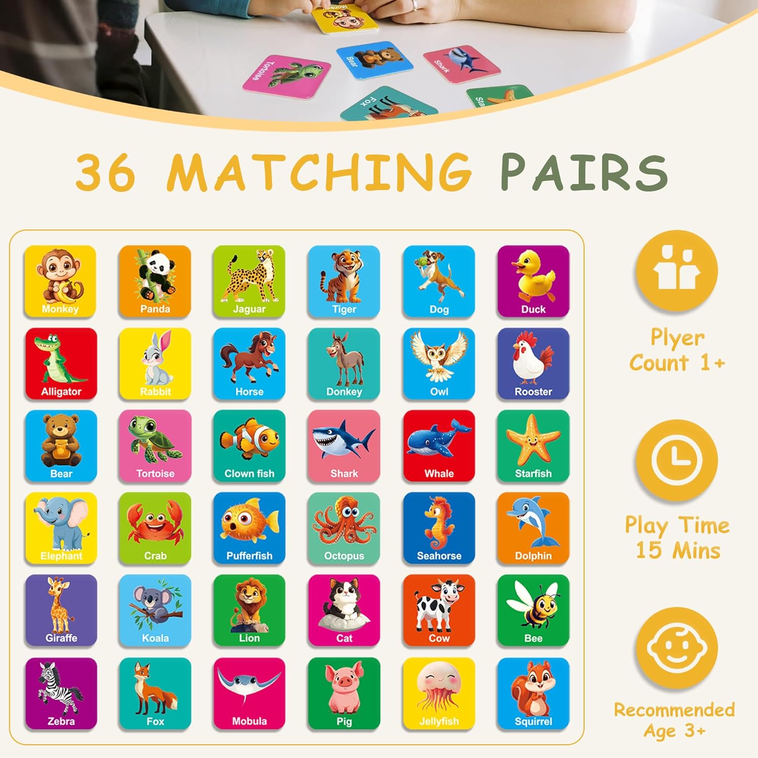 72 PCS Animals Memory Matching Game for Kids, Animal Theme Memory Game for Toddlers, Memory Cards Concentration Game for Ages 3 and Up