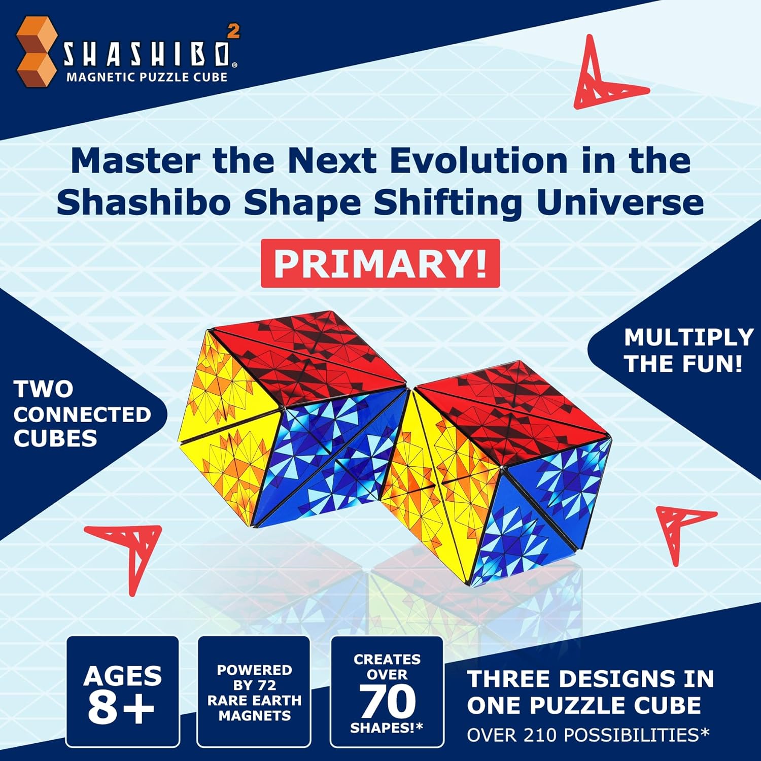 Shashibo Squared Shape Shifting Box – Next Generation XL STEM Magnetic Fidget Cube That Transforms Into Over 70 Shapes – Pairs w/All Shashibo Cubes - Download Fun in Motion Toys Mobile App (Primary)