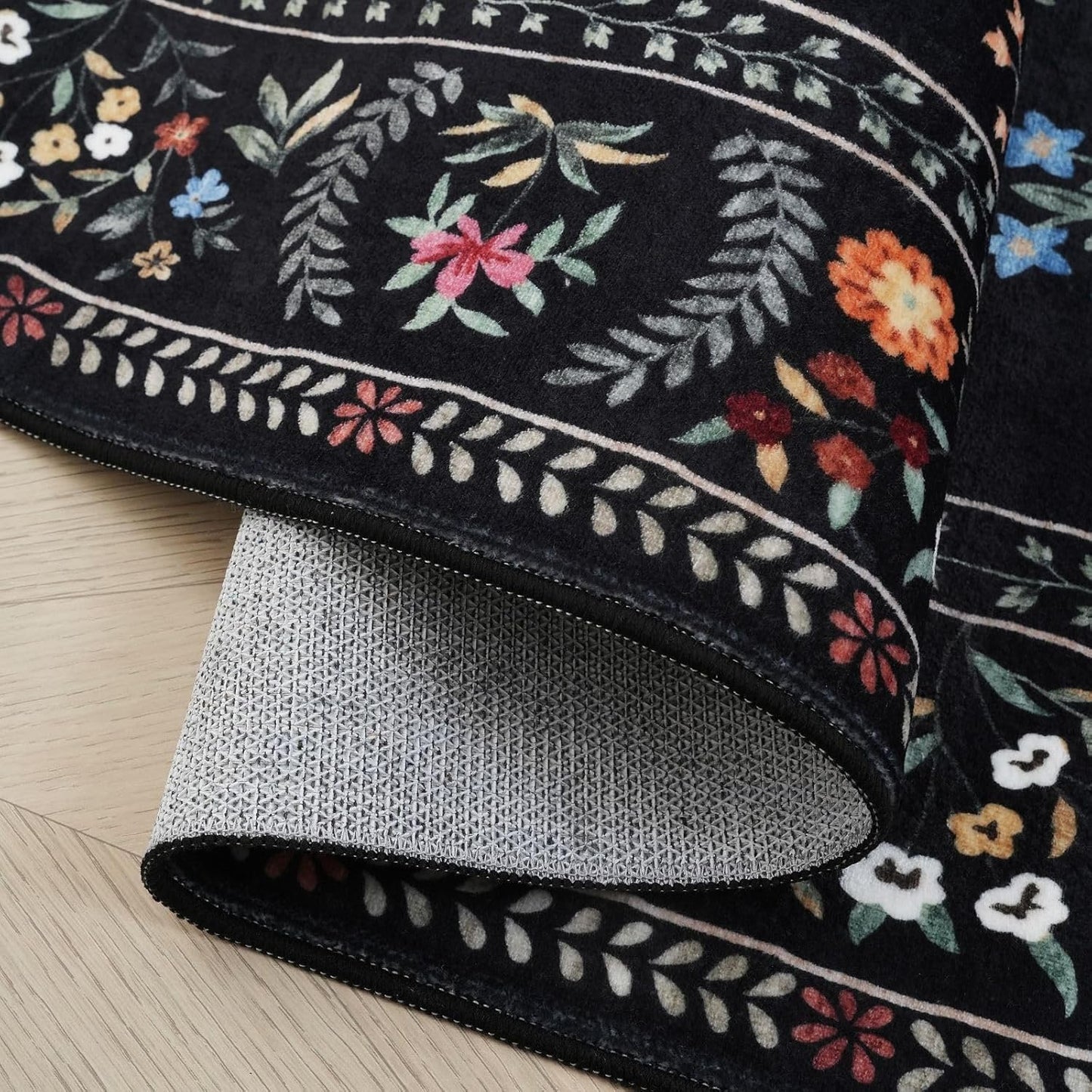 Rugcomf Bedroom Rug 3x5 Rug Washable Area Rug Non Slip Low Pile Boho Floral Animal Small Carpet for Bedroom, Bedside, Kitchen, Entryway, Kids Room, Office, College Dorm Essentials for Girls (Black)