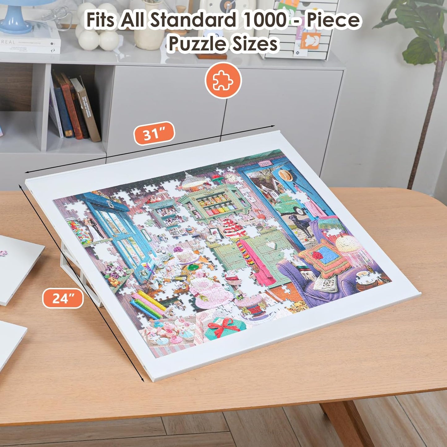 WELGEE 1000-Piecce Tilting Puzzle Board with Stand, 31” x 24” Lightweight Portable Puzzle Table for Adults & Seniors, DIY Customizable Puzzle Accessory Only 3.5 lbs (White)