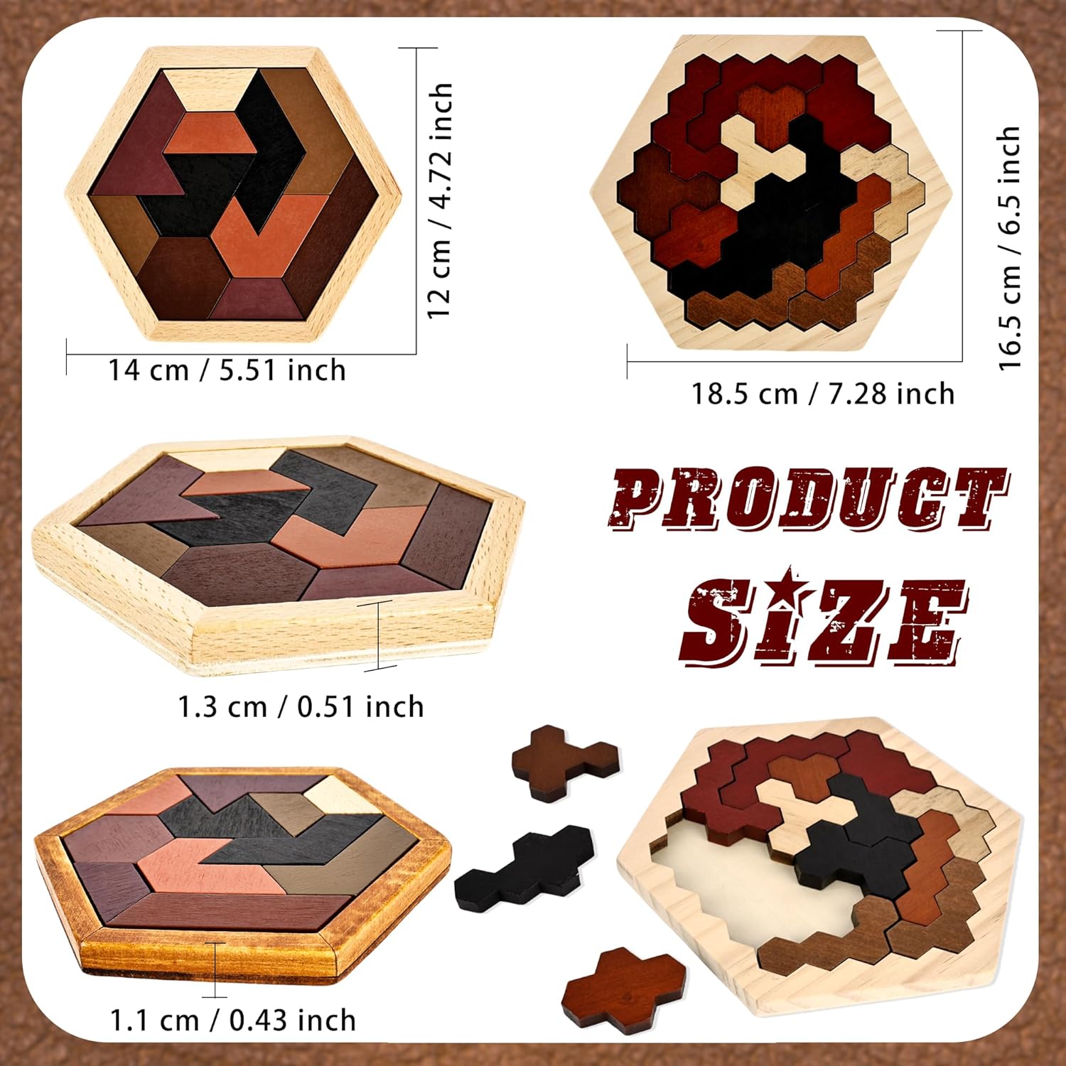 6 Pack Wooden Hexagon Tangram Puzzle Wood Tangram Block Puzzle Set with Storage Bag for Challenge Intelligence Teasers Logic Mind Game