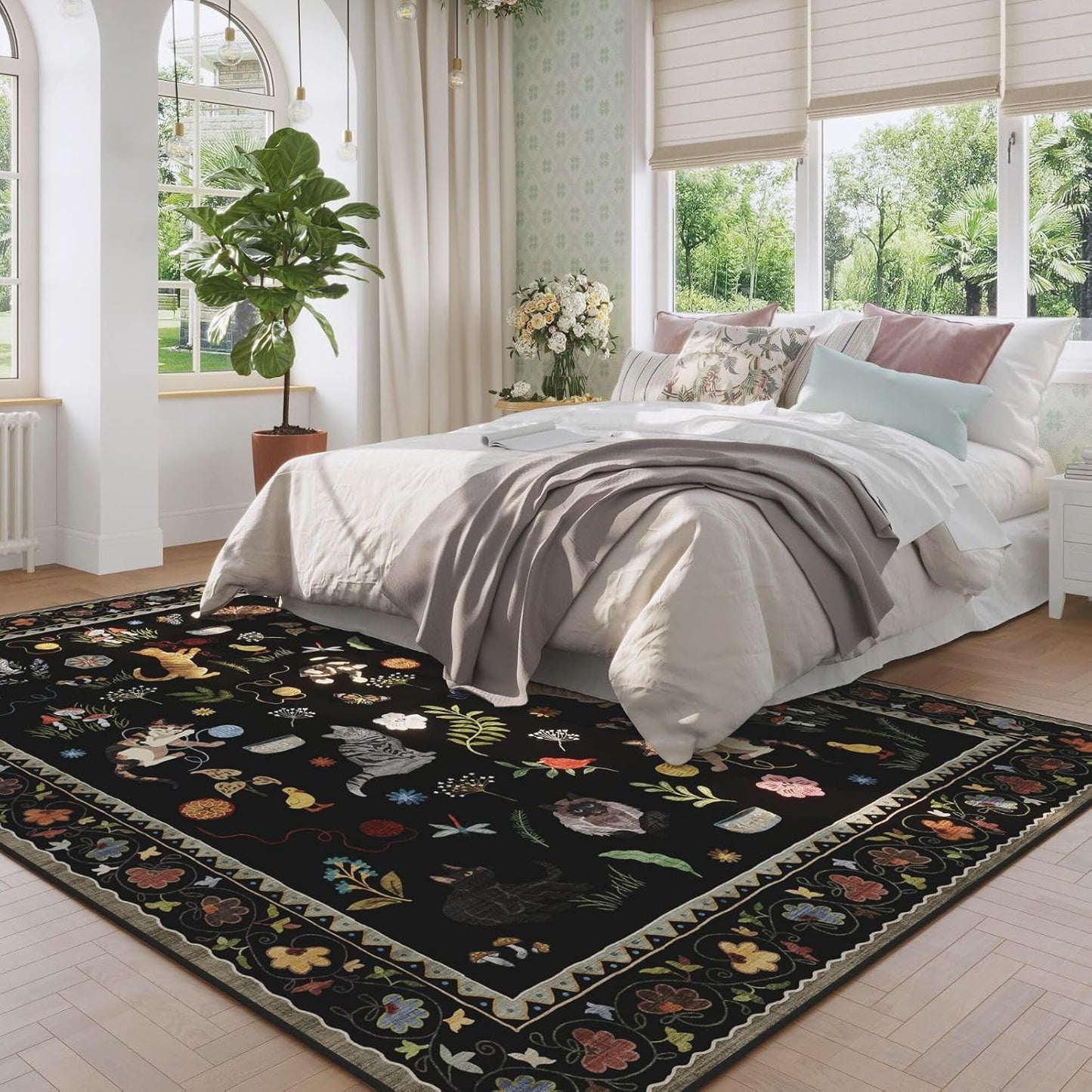 Rugcomf Area Rugs 8x10 Rug for Living Room Clearance Washable Boho Area Rug Non Slip Floral Animal Cat Vintage Low Pile Large Rug for Living Room Bedroom Farmhouse Dining Room Kids Playroom, Black
