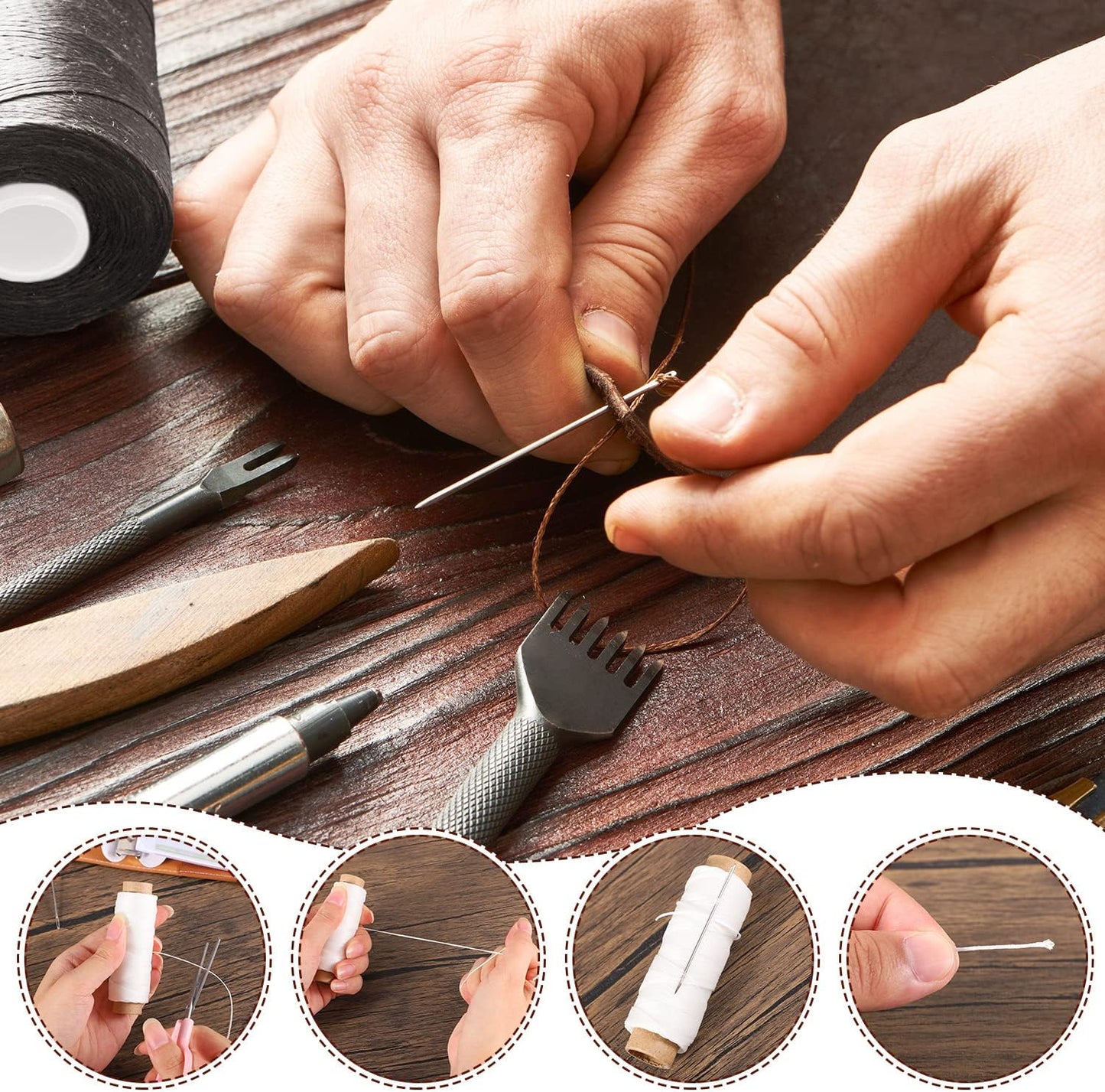 55Yards Waxed Thread with 7 Pcs Leather Hand Sewing Needles - 150D Flat Waxed Thread for Leather Repair, Upholstery, Canvas Bags, Sofa Furniture (White)
