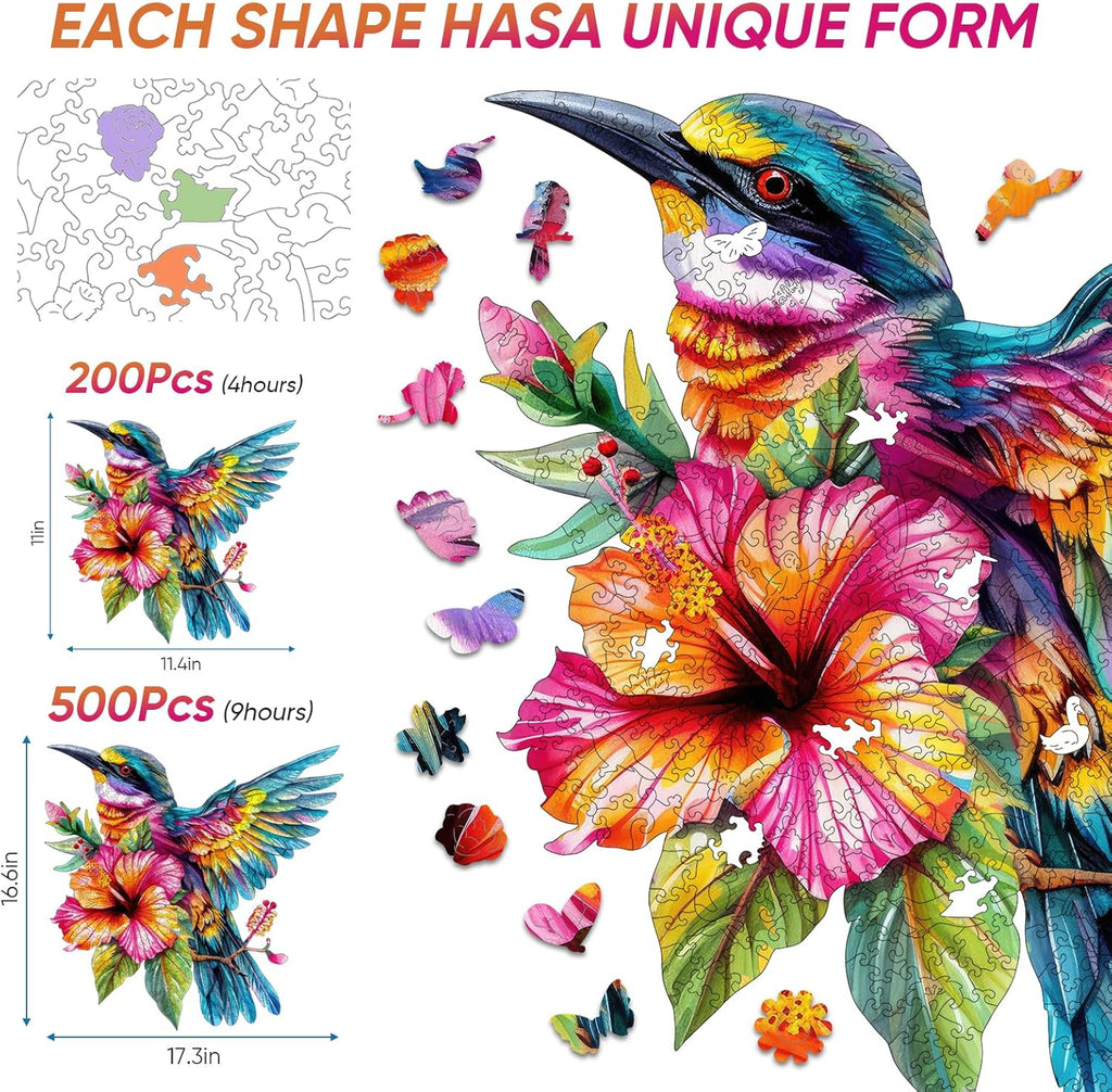 Wooden Jigsaw Puzzles -Hummingbird Wooden Puzzles for Adults, 500 Pcs King Size 17.3'' x 16.6'', Luxurious Shaped Wood Puzzle, Beautiful Package, Best Gift for Adults and Kids, Family Game