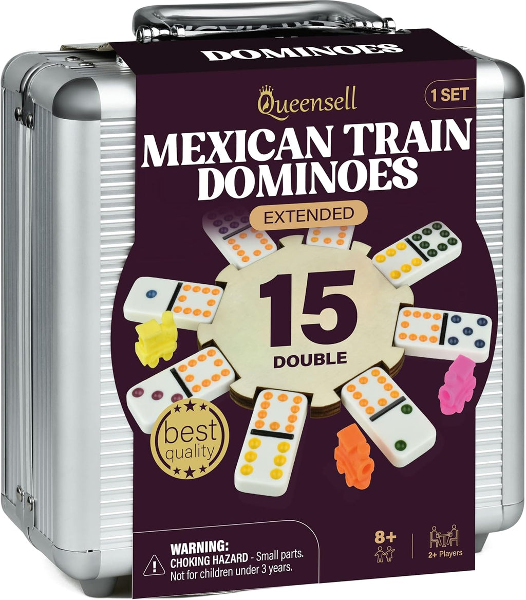 Queensell Mexican Train Dominoes - 136 Colored Dot Double 15s, 9 Trains, Wooden Hub, Aluminum Case