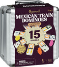 Queensell Mexican Train Dominoes - 136 Colored Dot Double 15s, 9 Trains, Wooden Hub, Aluminum Case