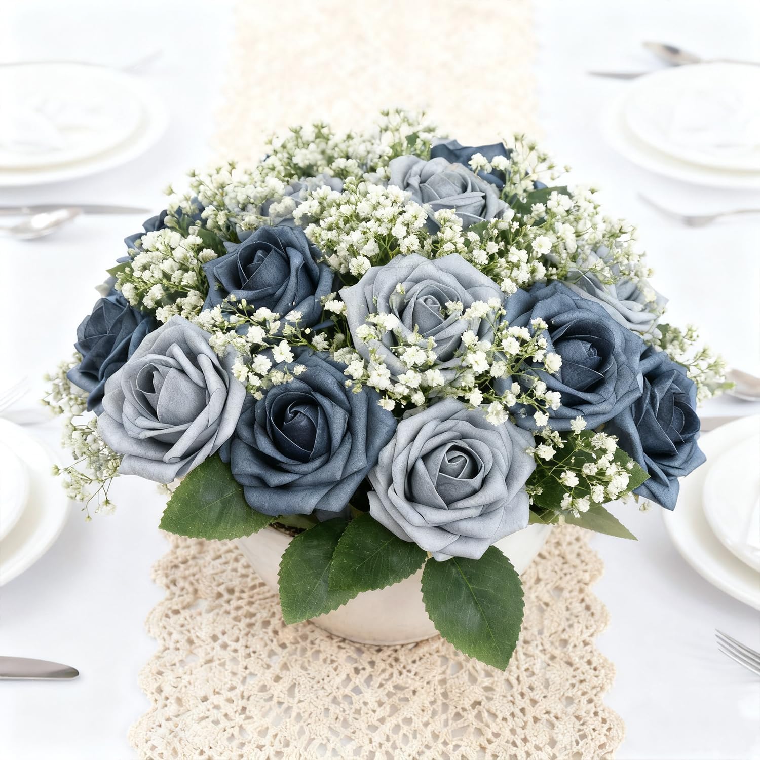 Artificial Flowers Foam Fake Roses 25pcs Series Blue Colors Roses with Stems for Home Decor DIY Wedding Bouquets Party Bridal Shower Centerpieces Faux Flower Arrangements Tables Decorations