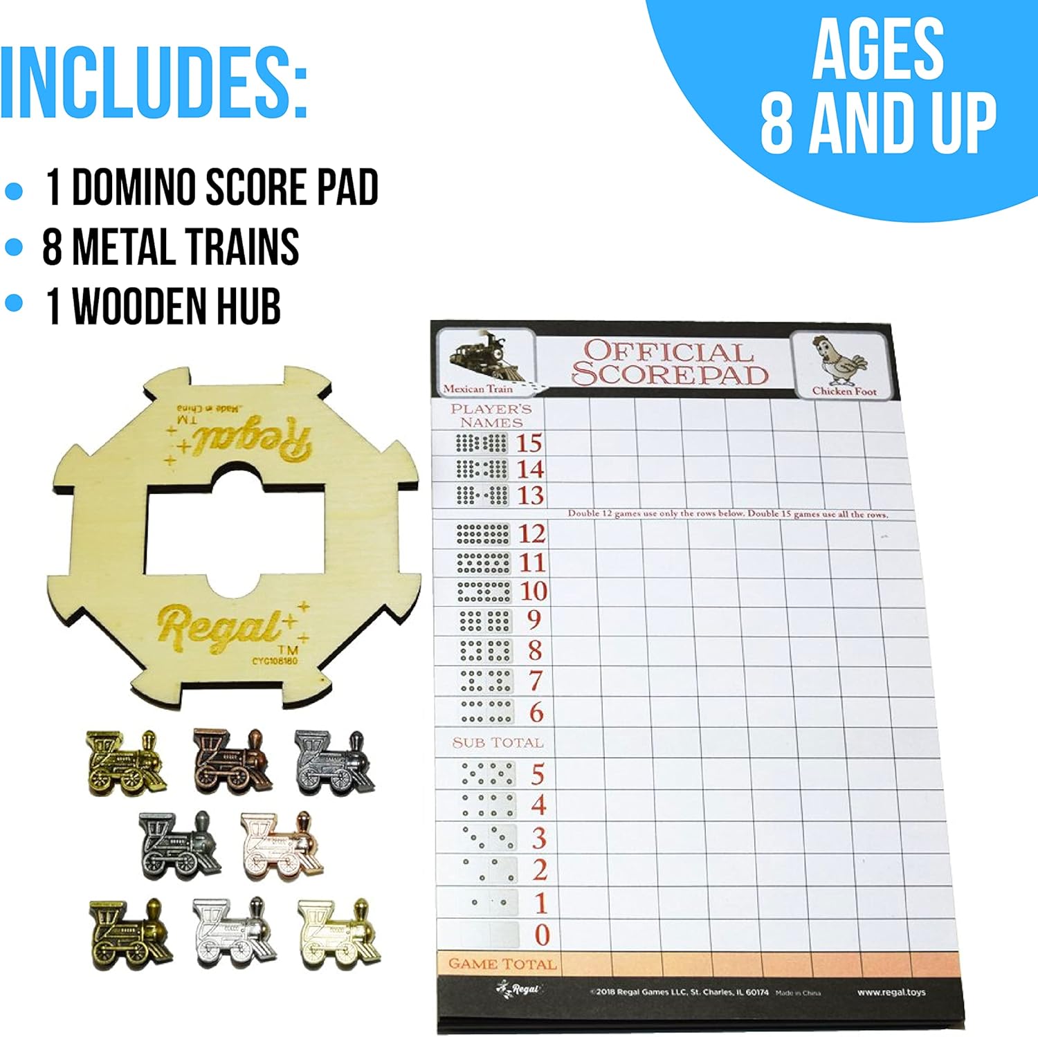 Regal Games Mexican Train Domino Expansion Set - 8 Metal Marker Trains with Unique Finishes - Replacement Wooden Hub - Scoresheet