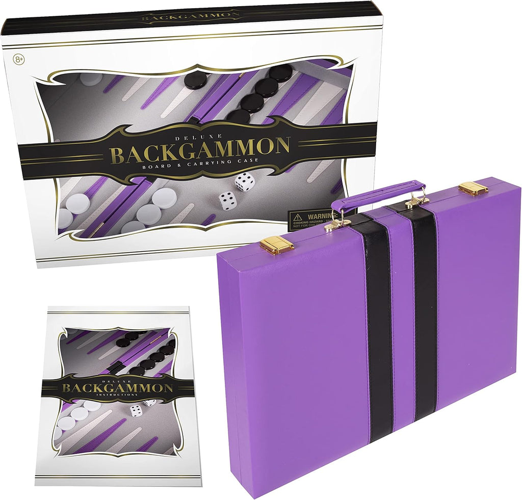 Backgammon Set 11 inch, Small - Classic Board Game for Adults and Kids with Premium Leather Case - Includes Strategy & Tip Guide (Purple)