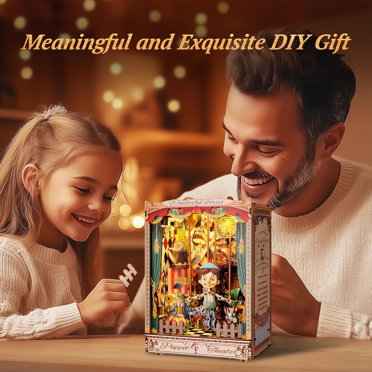 LED 3D Wood Puzzle Puppet Theater Book Nook Kit - Interactive Miniature DIY Bookshelf Insert with Movable Puppets - Creative Fantasy Scene Home Decor Gift(Puppet Theater)