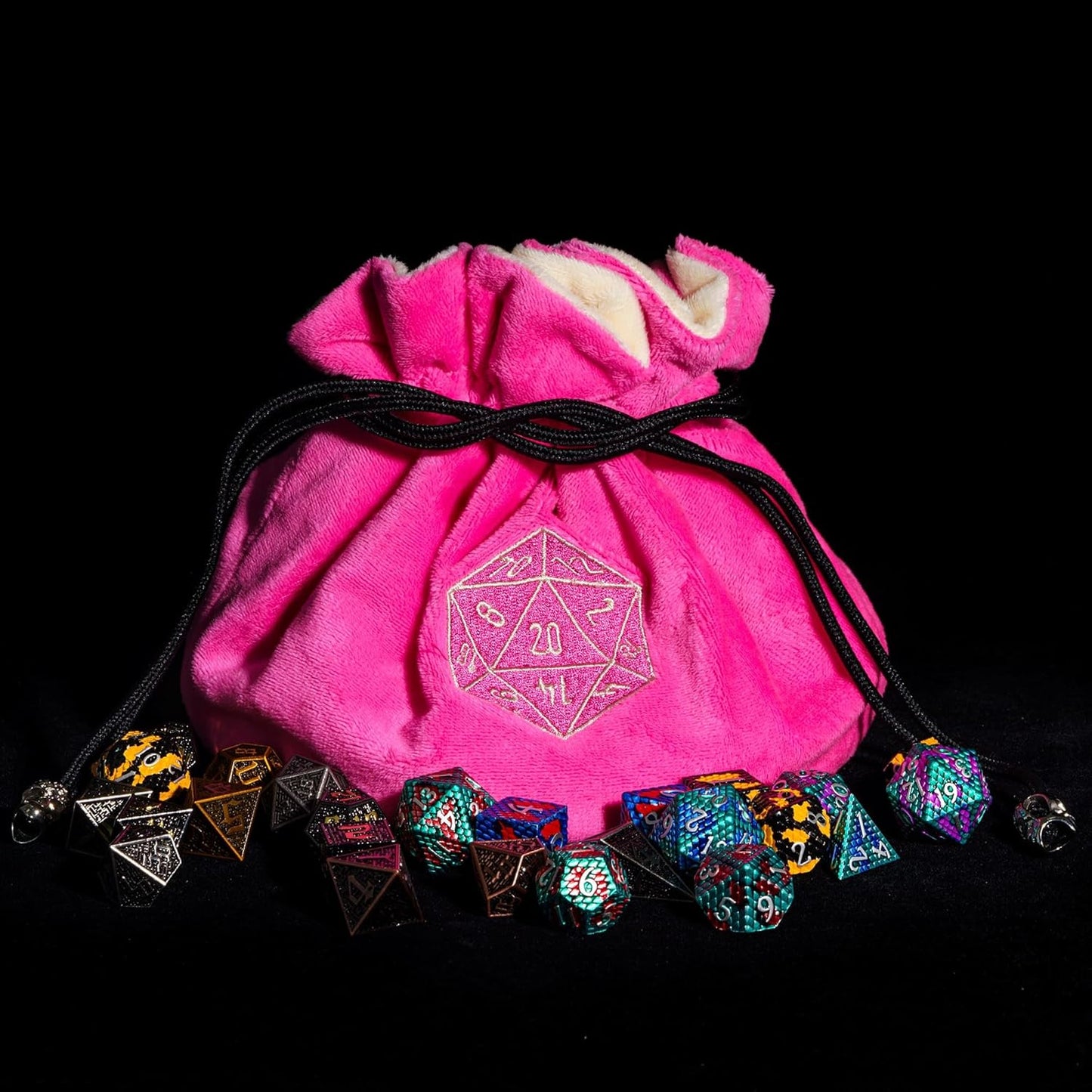Large Dice Bags with Pockets Pink Storage Bag D20 Logo for DND RPG Game Dices (with 1lb Random DND Dice)