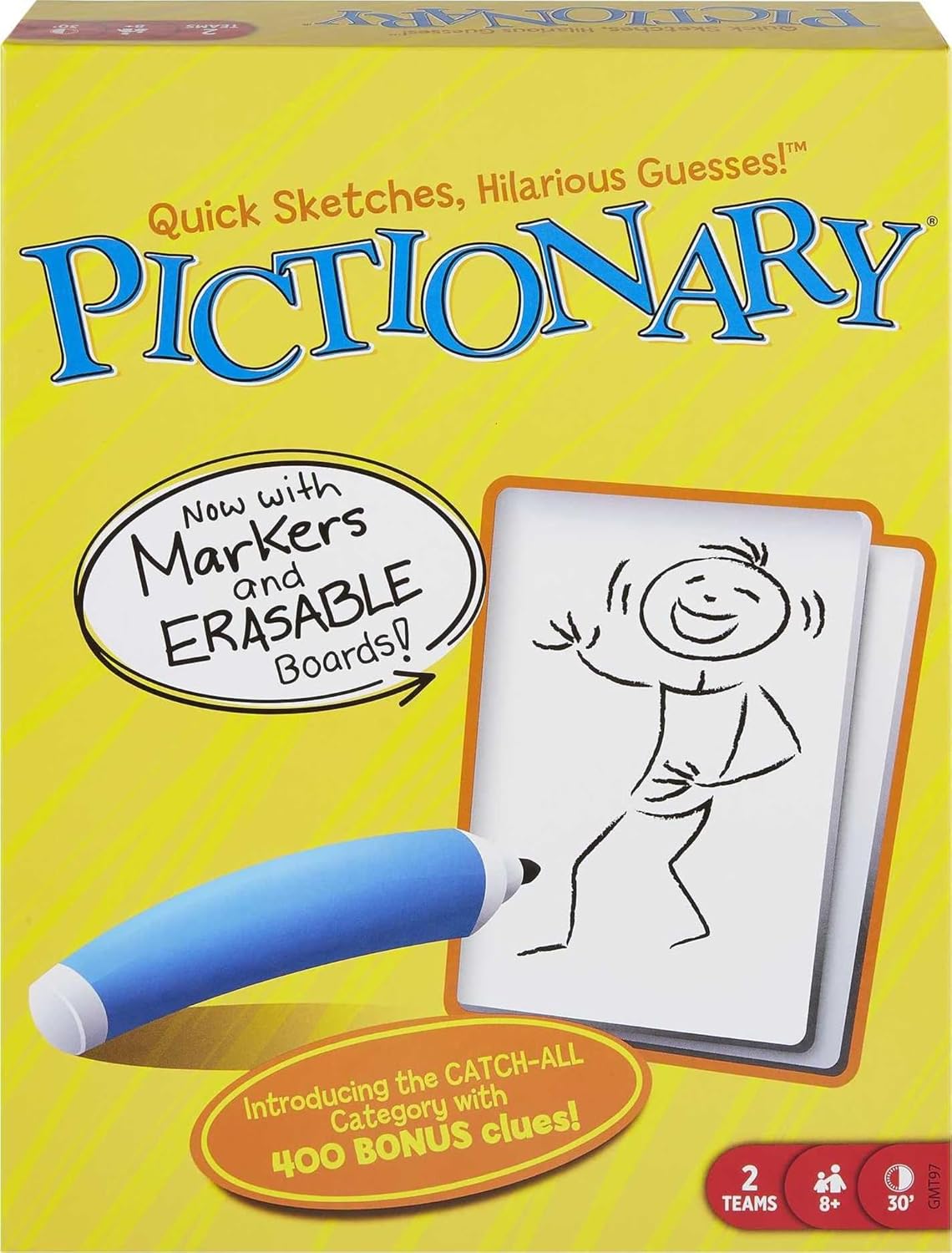 Mattel Games Pictionary Family Board Game for Kids, Adults and Game Night for 2 Teams with Erasable Markers, Boards and Sand Timer