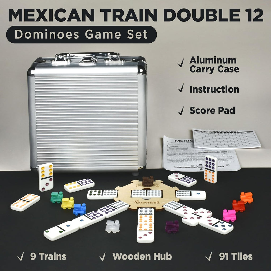 Queensell Mexican Train Dominoes Set with Wooden Hub, Domino Tile Board Games - Double 12 Dominos Set for Family Game Night for Adults and Kids Ages 8 and up (Double 12)