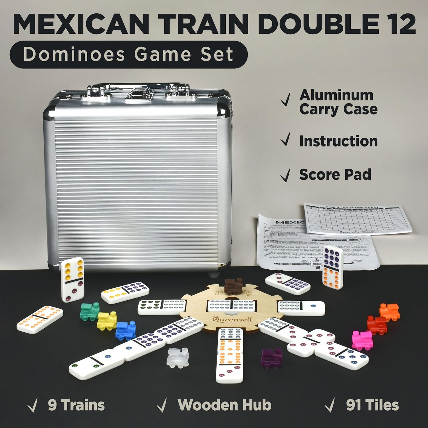 Queensell Dominoes Double 12 + Wooden Hub + Score Pad + Metal Trains