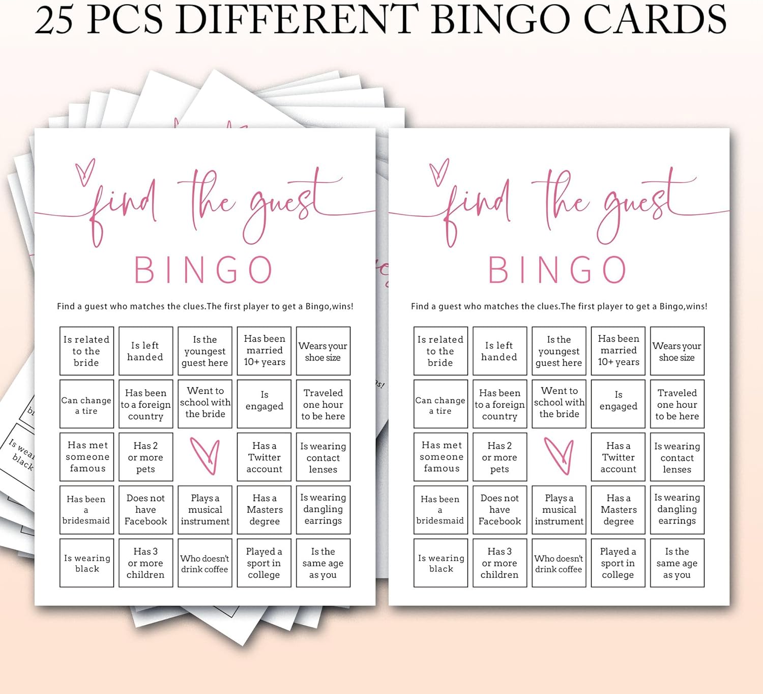 Bridal Shower Bingo, 25Pcs Prefilled Find The Guest Bingo Game Cards, Engagement Party Games for Guests, Pink Wedding Party Supplies - E17