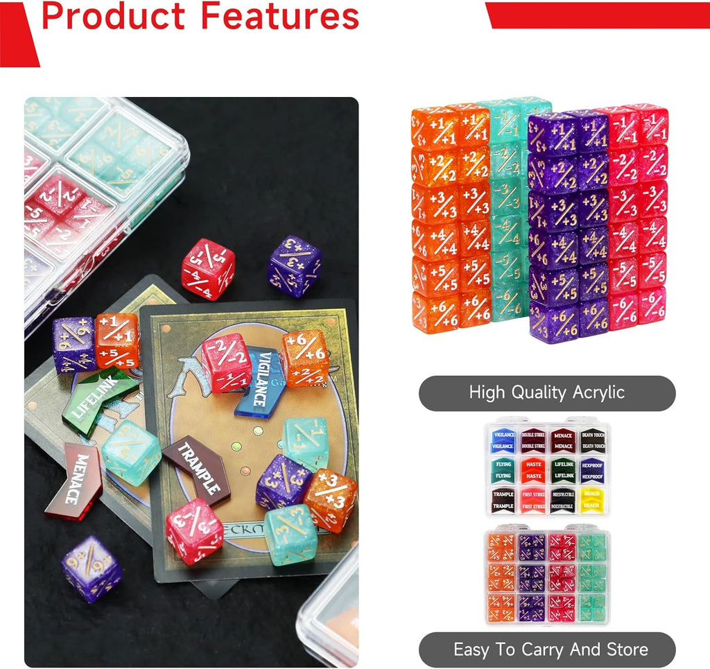 SIXPOINTS 108PCS 12mm MTG Counter Dice +1/+1 Tokens 6 Sided Dice & Keyword Counters Tokens Set for Magic The Gathering, MTG, TCG, Card Games Accessories
