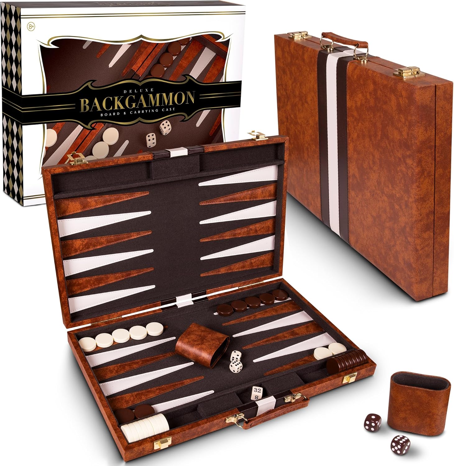 Backgammon Sets for Adults with Premium Leather Case | Classic Travel Backgammon Set for Adults and Kids with Strategy & Guide | 15 Inches | Medium | Brown
