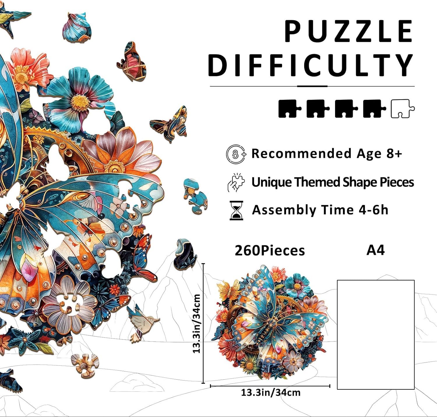 Wooden Puzzles for Adults - Mechanical Butterfly Wood Puzzles Adult - Unique Animal Shape Wooden Jigsaw Puzzles for Adults - Birthday Gifts for Puzzle Lovers, Family (13.3 * 13.3in)
