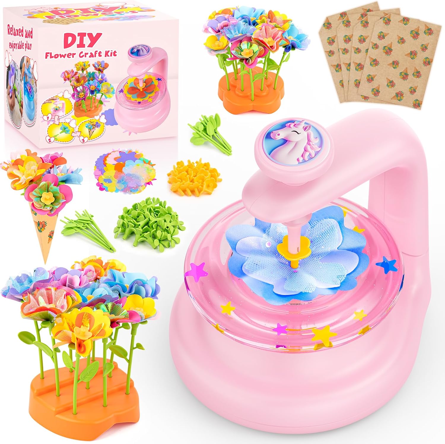 cosone Crafts Kits for Kids Ages 4-8, DIY Fabric Flower Bouquet Kit for 5 6 7 8 Year Girls Unicorn Flower Press Toys Educational Toy Preschool Birthday Gifts for Girls Handmade Activity Set - Pink